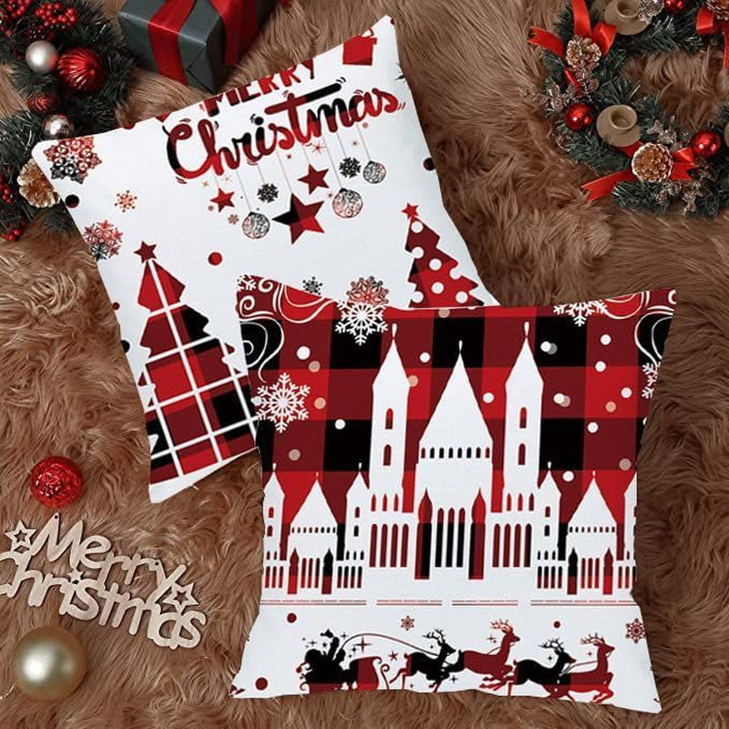 Set of 4 Happy Winter Snowflake Merry Christmas Tree Red Castle Deer with Snowman Velvet Throw Pillow Case Cushion Cover Decorative for Sofa Living Room Square 22X22 Inches