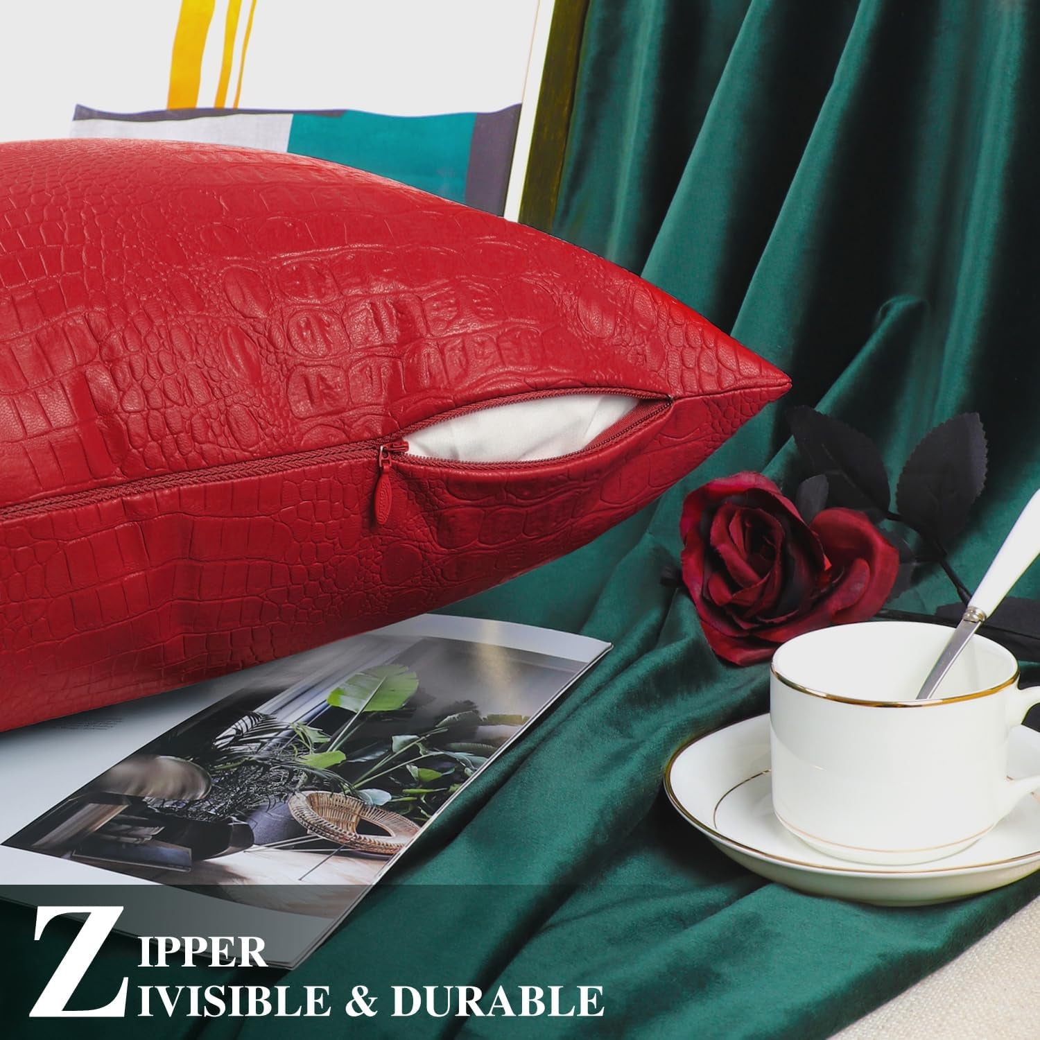 Faux Leather Pillow Covers 16 X 16 Inches, Christmas Red Leather Pillow Covers Pack of 2, Crocodile Leather Decorative Throw Pillows for Living Room Couch Bed Sofa Home