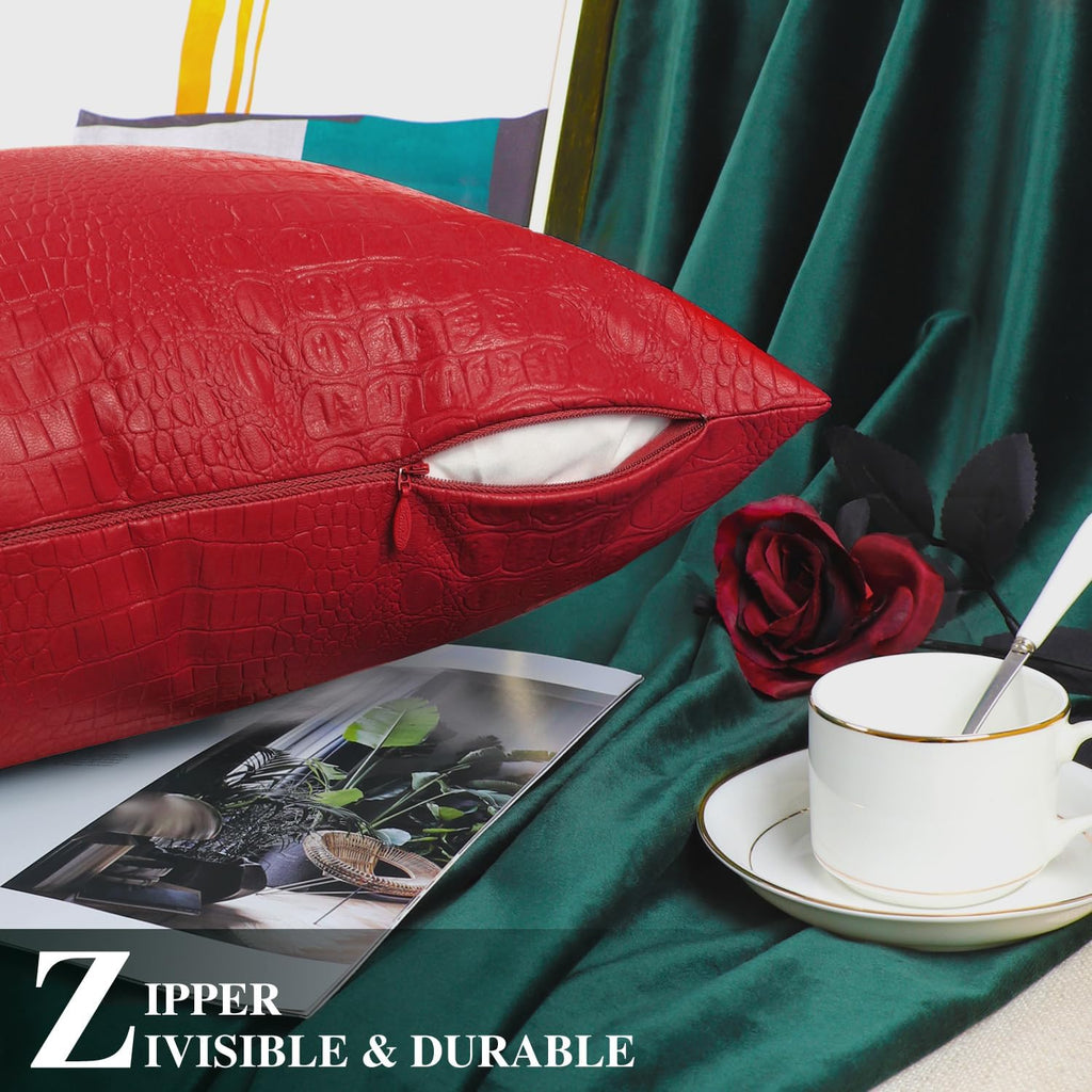 Faux Leather Pillow Covers 12 X 20 Inches, Christmas Red Leather Pillow Covers Pack of 2, Crocodile Leather Decorative Lumbar Throw Pillows for Living Room Couch Bed Sofa Home