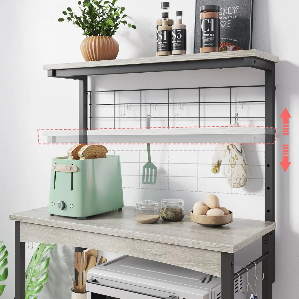 3-Tier Baker'S Rack with Cabinet, Kitchen Storage Shelves, Microwave Oven Stand, Coffee Bar with Hooks in Grey
