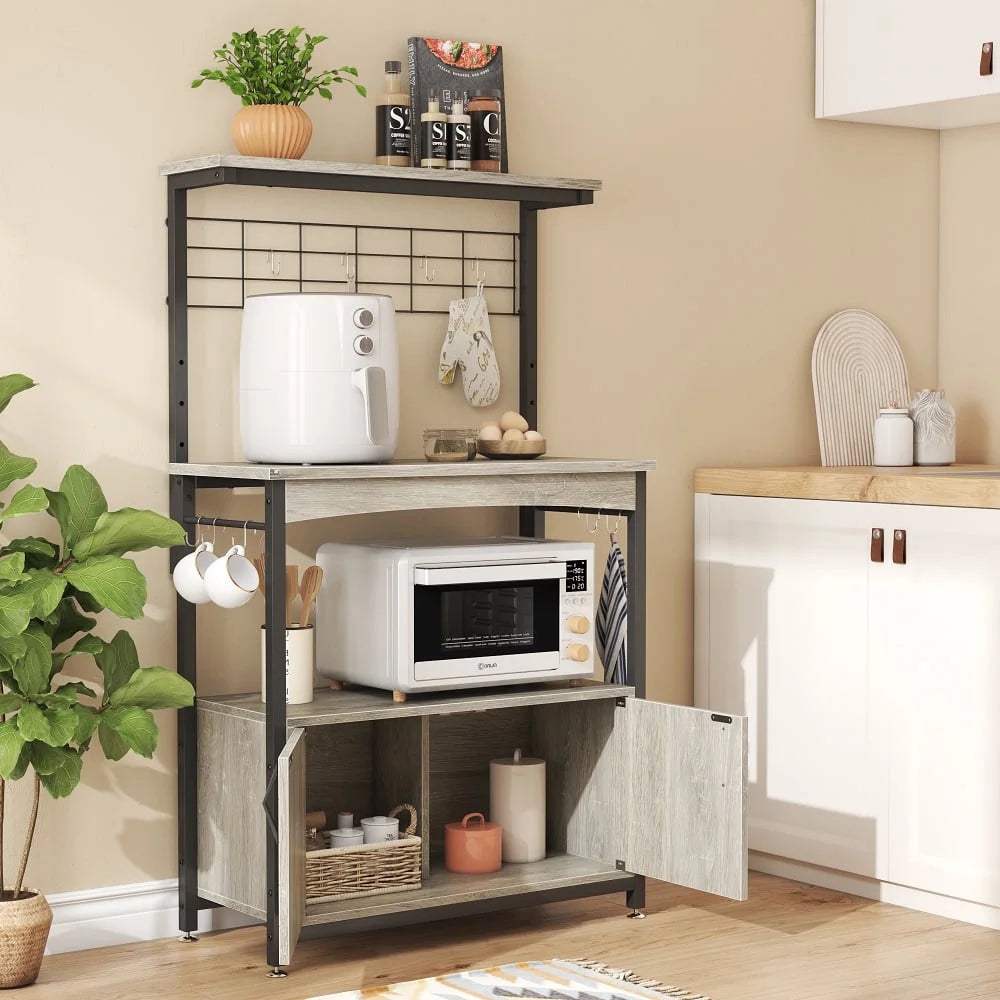 3-Tier Baker'S Rack with Cabinet, Kitchen Storage Shelves, Microwave Oven Stand, Coffee Bar with Hooks in Grey