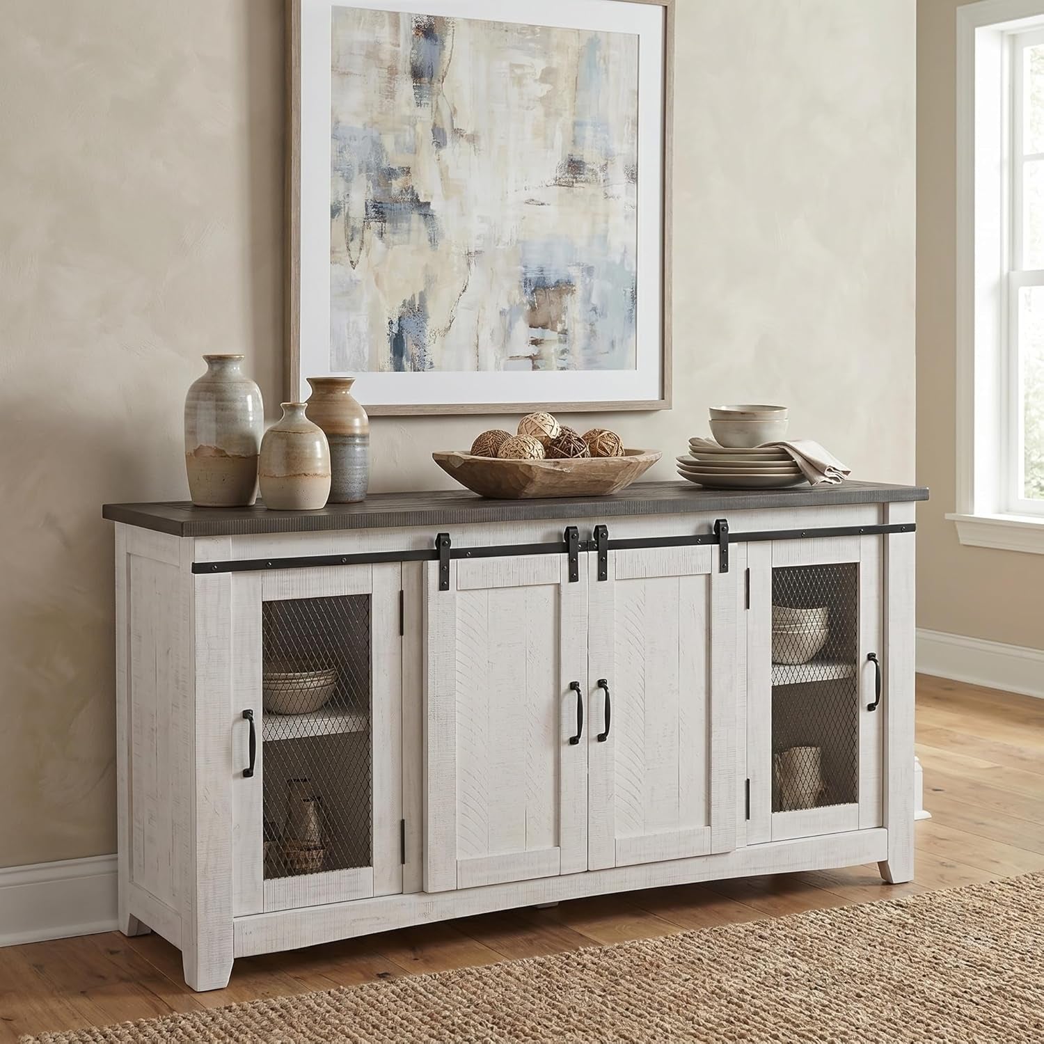 Martin Svensson Home 65" Solid Pine Wood Entertainment Center with Storage. Rustic TV Stand for Tvs up to 70." Sliding Doors, Adjustable Shelves & Cable Management – White and Grey Finish