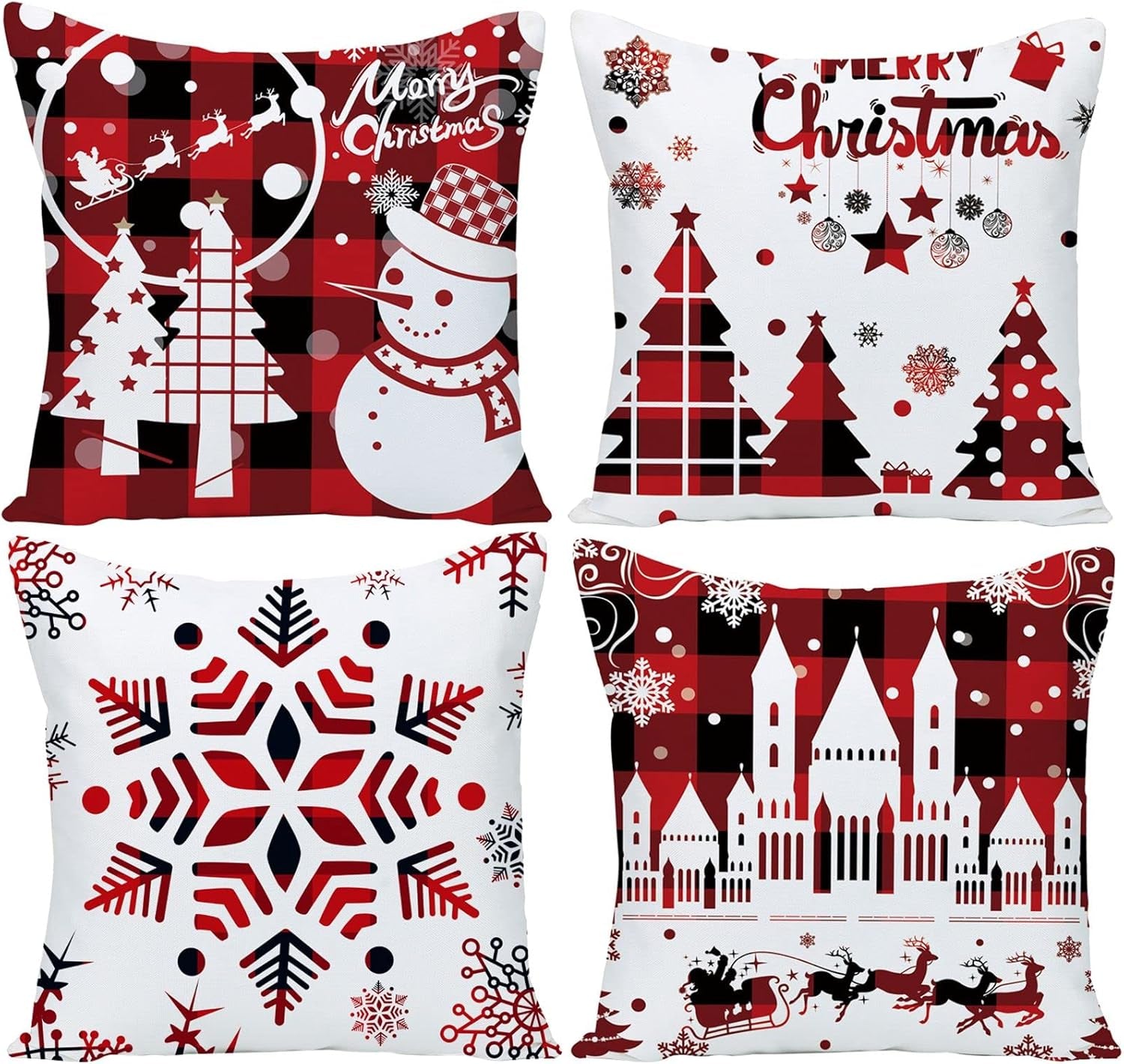 Set of 4 Happy Winter Snowflake Merry Christmas Tree Red Castle Deer with Snowman Velvet Throw Pillow Case Cushion Cover Decorative for Sofa Living Room Square 22X22 Inches