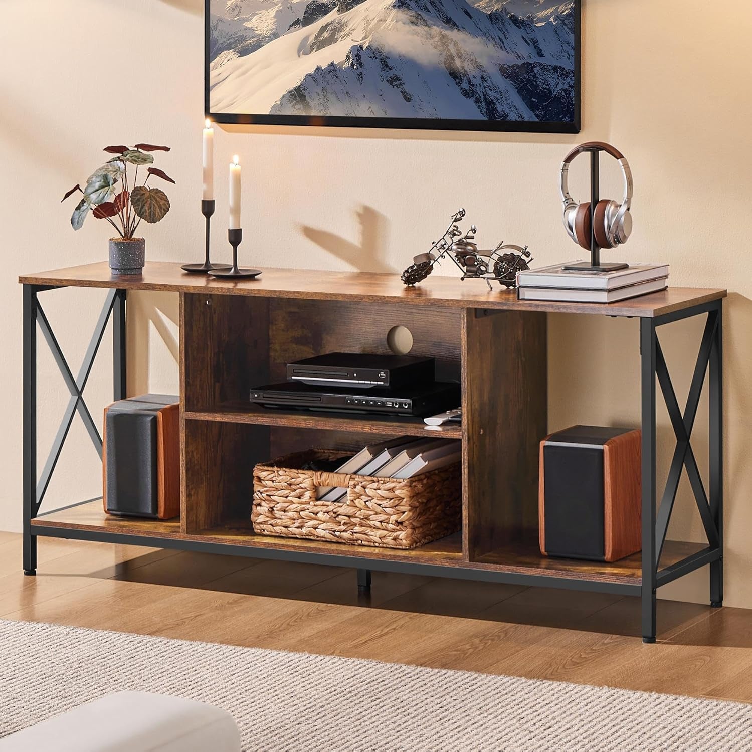 TV Stand for Tvs up to 65 Inches, Console Table with Shelves, Farmhouse Media Entertainment Center for Living Room, Rustic Brown