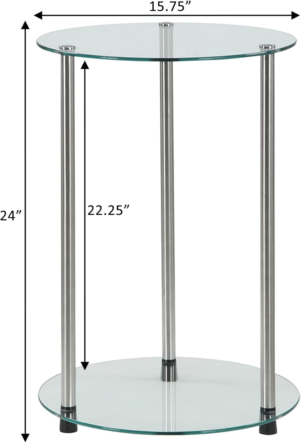 Designs2Go Classic Glass 2 Tier round End Table 15.75" - Modern Side Table for Living Room, Tempered Glass Table with Storage Shelves for Bathroom, Bedroom, Office, Glass/Chrome