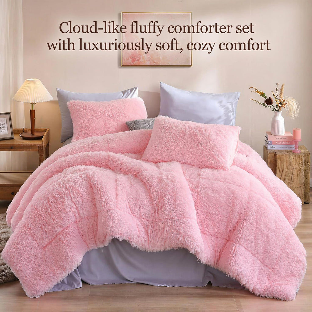 Fluffy Queen Comforter Set, Faux Fur Pink Comforter Set Queen Size, Luxury Fuzzy Bedding Set, Soft Shaggy Bed Set Pink for All Season, 3 Pieces - 1 Comforter & 2 Pillowcases