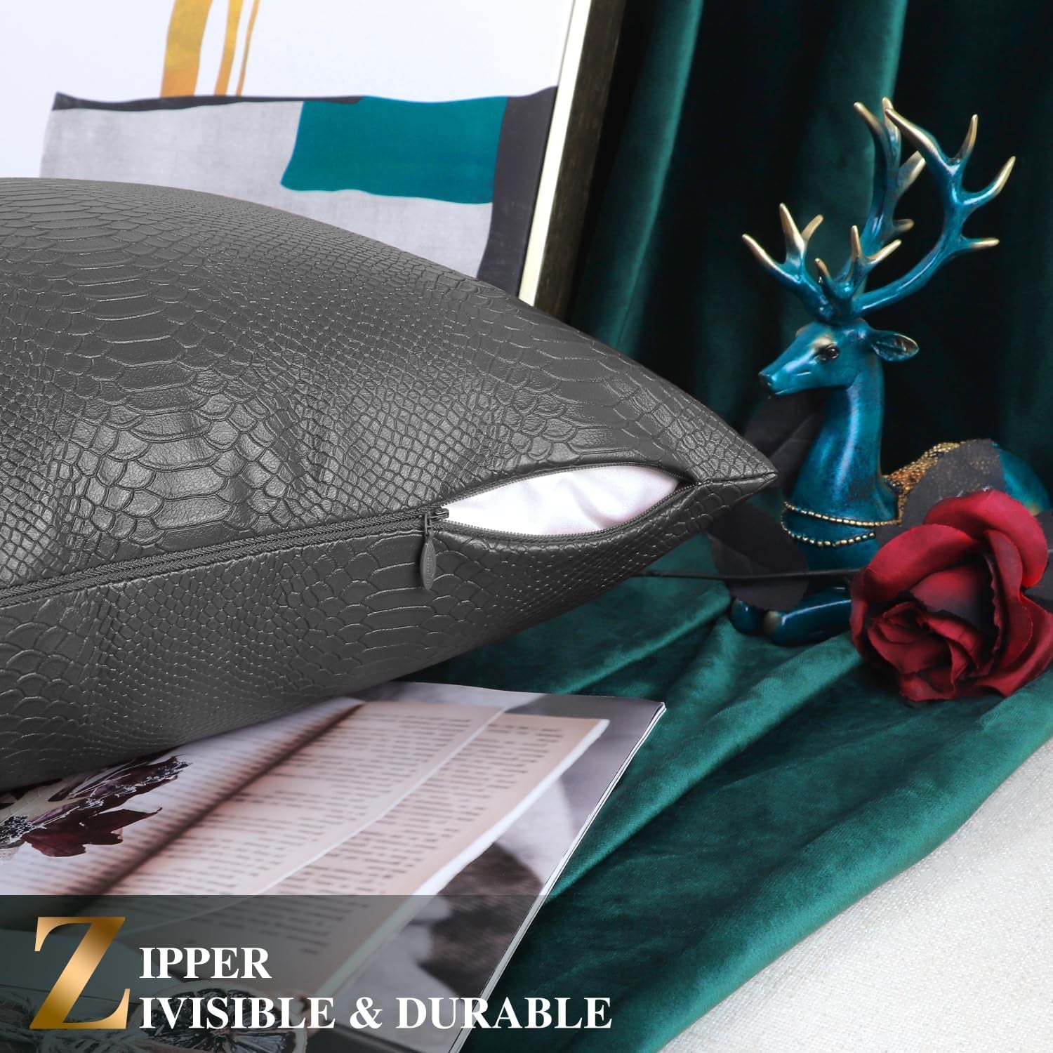 Charcoal Gray Leather Throw Pillows 18 X 18 Inches - Snake Leather Pillow Covers Pack of 2, Faux Leather Decorative Pillow Covers for Couch Living Room Garden Bed Sofa Home