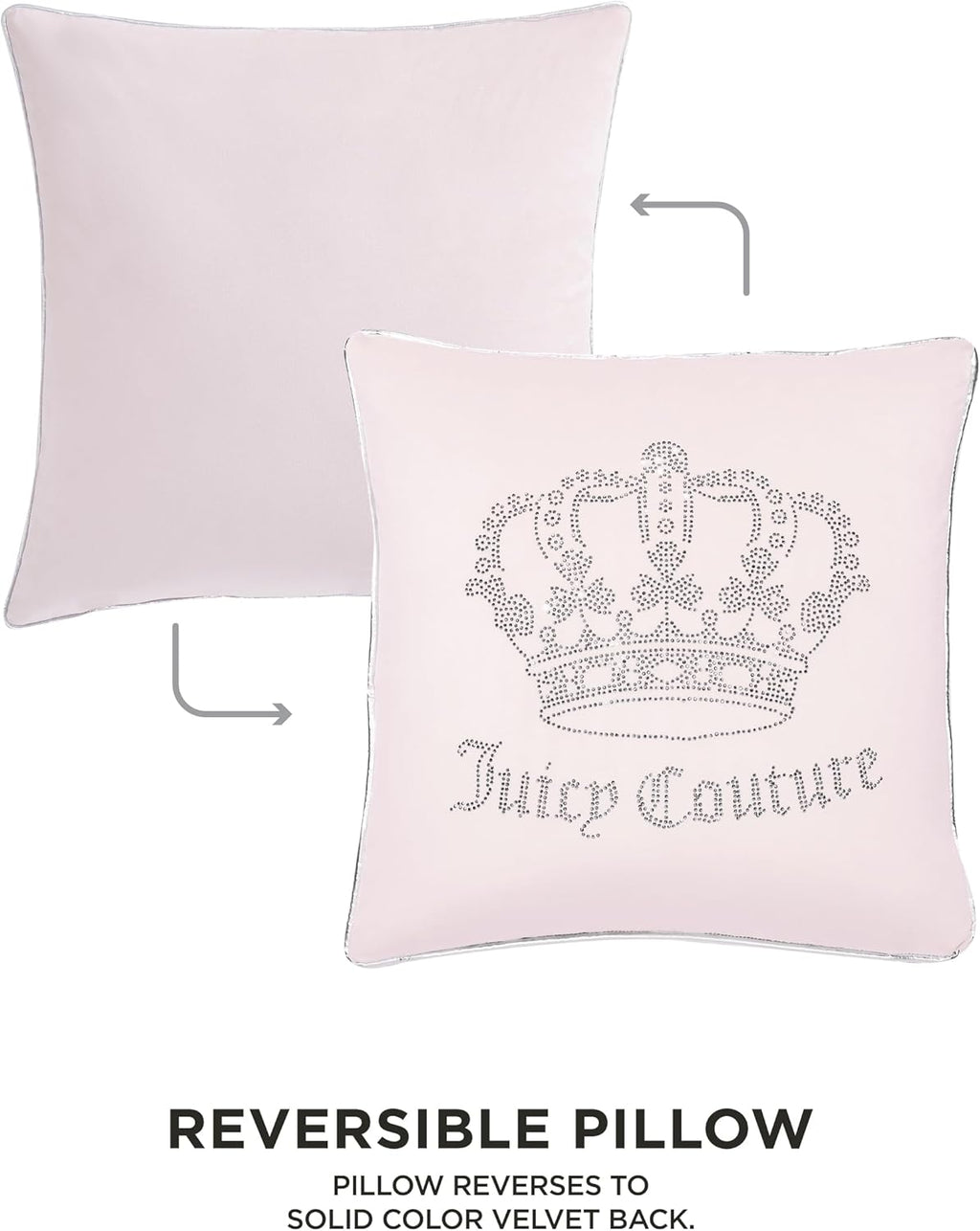 Juicy Couture - Decorative Accent Pillow, Velvet Rhinestone Crown, Premium Reversible Throw Pillow, Living Room and Bedroom Décor, Measures 20" X 20", Pink Blush