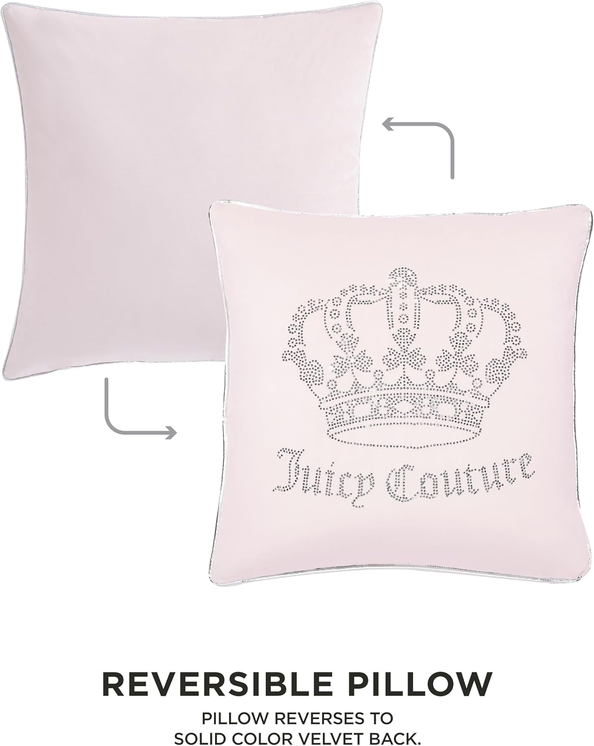 Juicy Couture - Decorative Accent Pillow, Velvet Rhinestone Crown, Premium Reversible Throw Pillow, Living Room and Bedroom Décor, Measures 20" X 20", Pink Blush