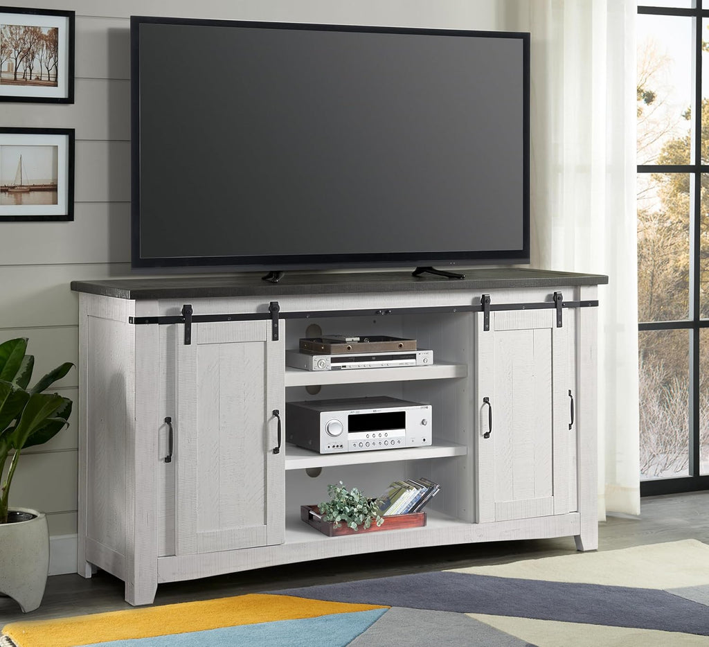 Martin Svensson Home 65" Solid Pine Wood Entertainment Center with Storage. Rustic TV Stand for Tvs up to 70." Sliding Doors, Adjustable Shelves & Cable Management – White and Grey Finish