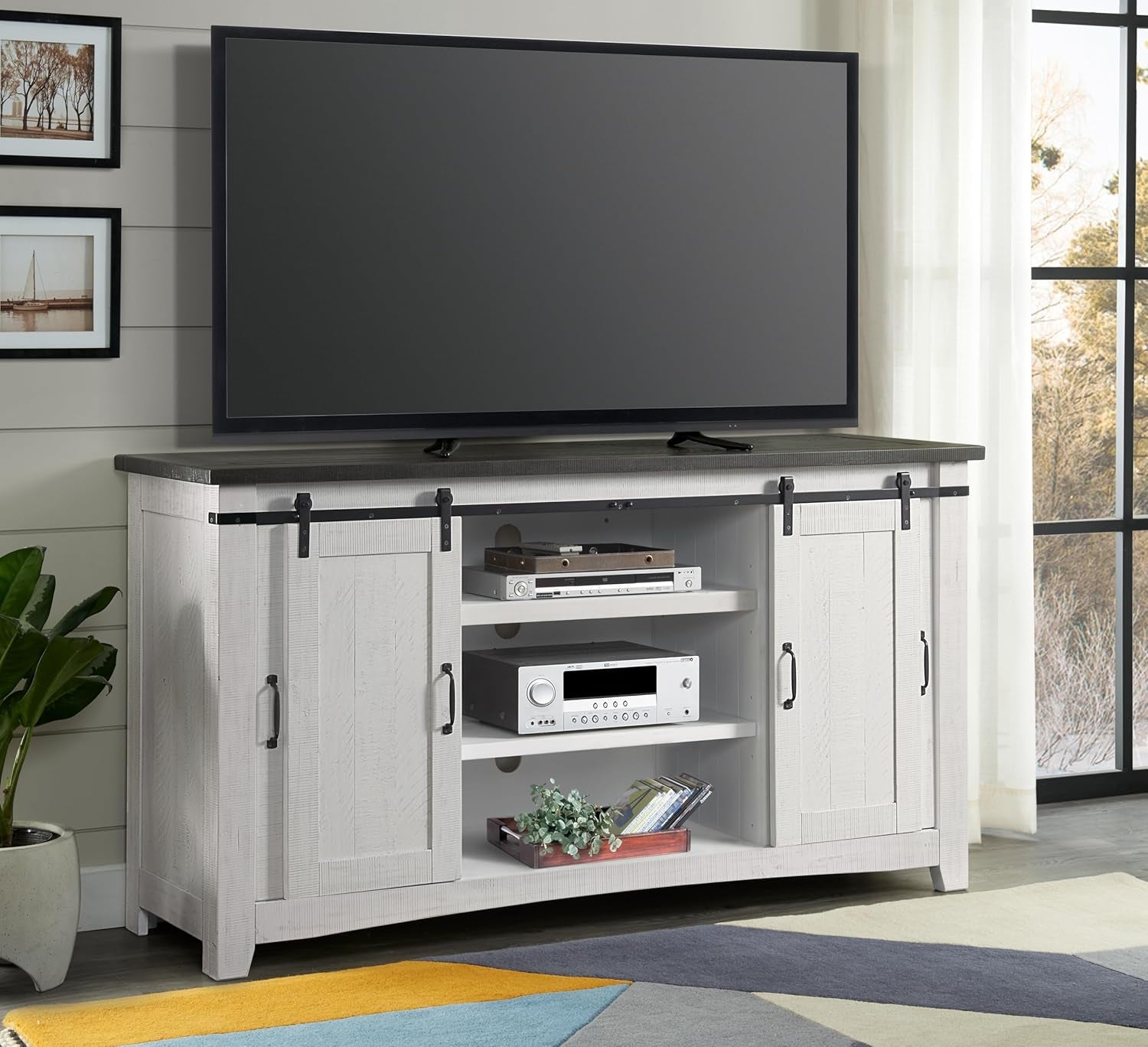 Martin Svensson Home 65" Solid Pine Wood Entertainment Center with Storage. Rustic TV Stand for Tvs up to 70." Sliding Doors, Adjustable Shelves & Cable Management – White and Grey Finish