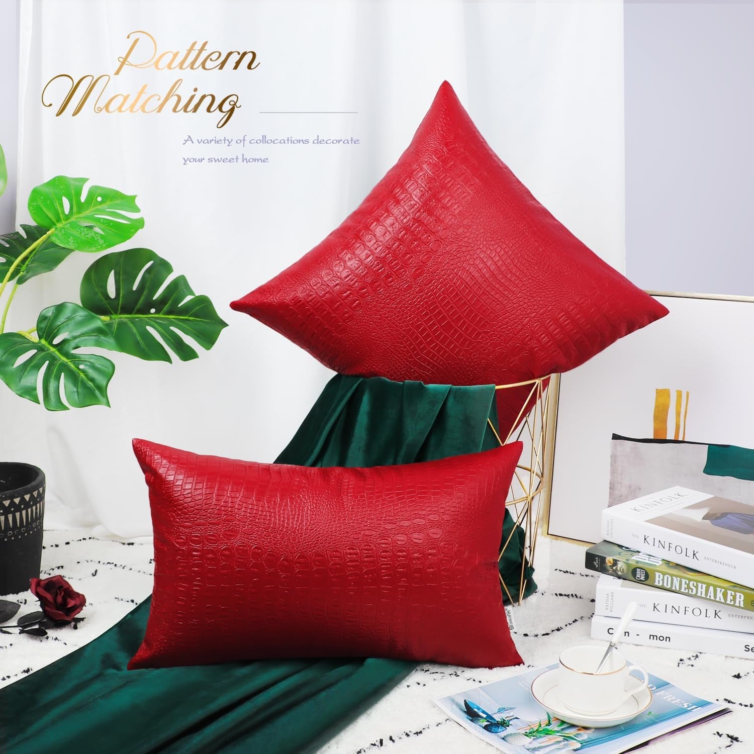 Faux Leather Pillow Covers 16 X 16 Inches, Christmas Red Leather Pillow Covers Pack of 2, Crocodile Leather Decorative Throw Pillows for Living Room Couch Bed Sofa Home