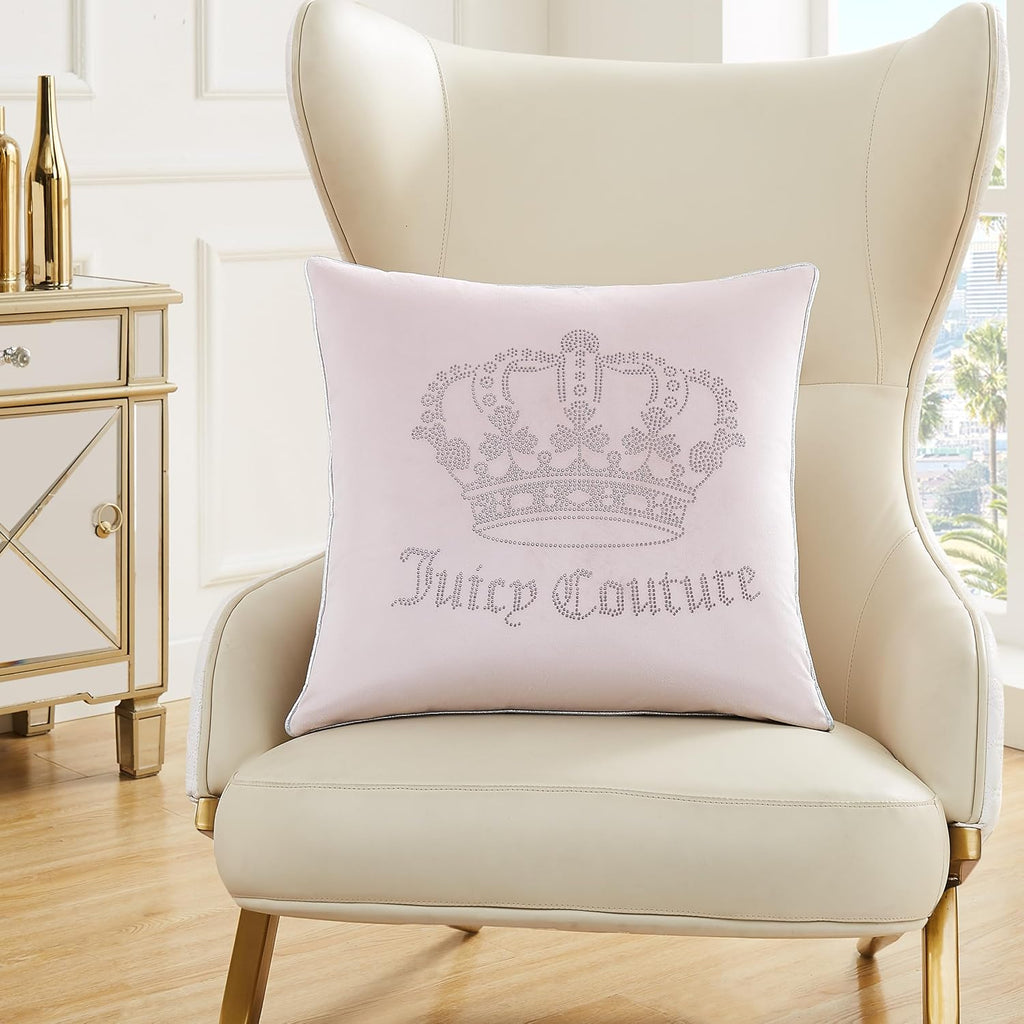 Juicy Couture - Decorative Accent Pillow, Velvet Rhinestone Crown, Premium Reversible Throw Pillow, Living Room and Bedroom Décor, Measures 20" X 20", Pink Blush