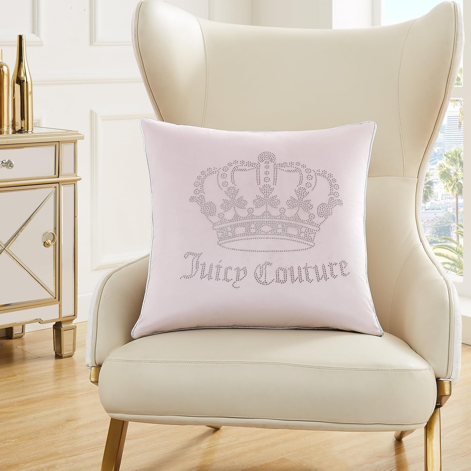 Juicy Couture - Decorative Accent Pillow, Velvet Rhinestone Crown, Premium Reversible Throw Pillow, Living Room and Bedroom Décor, Measures 20" X 20", Pink Blush