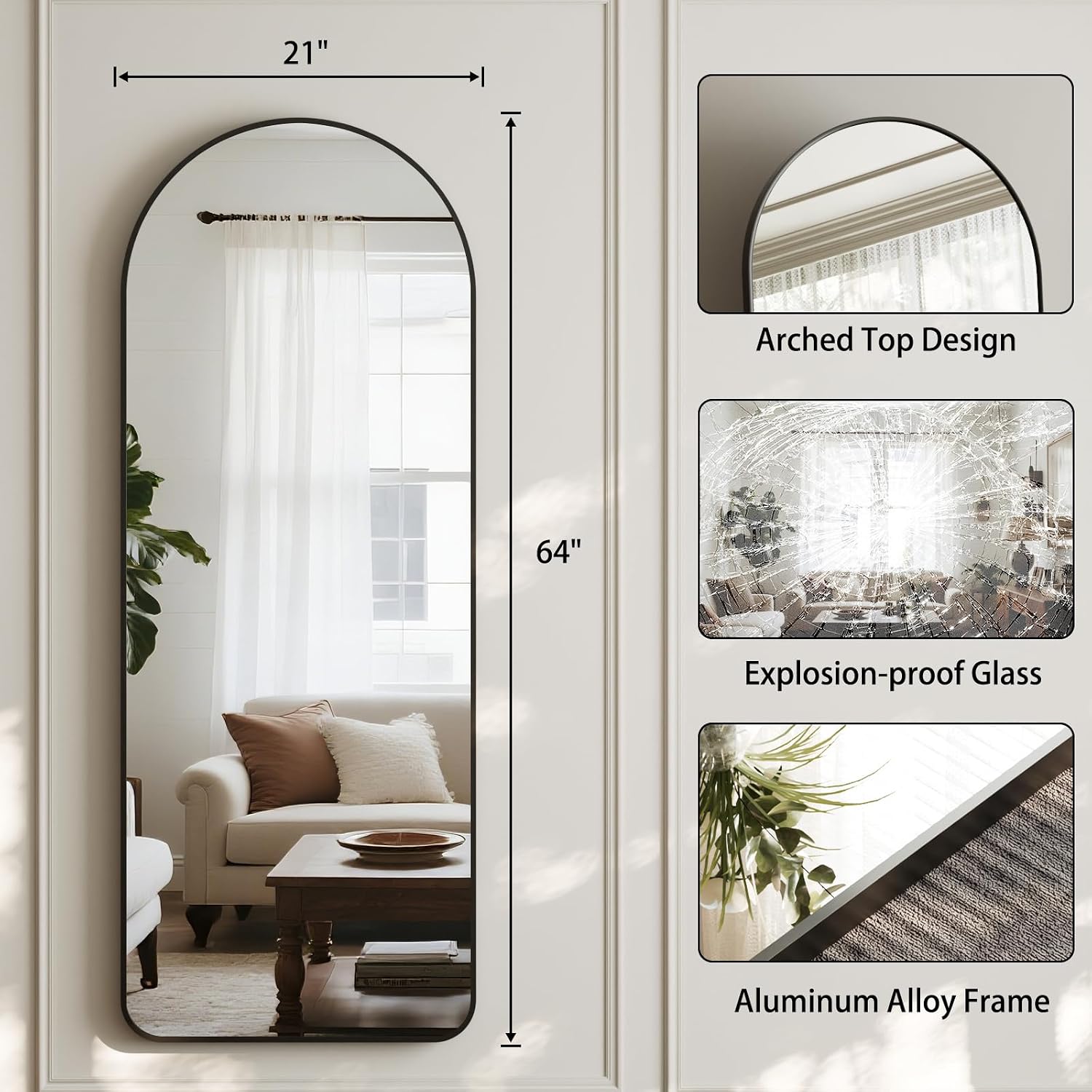 Arched Full Length Floor Mirror with Thin Metal Frame