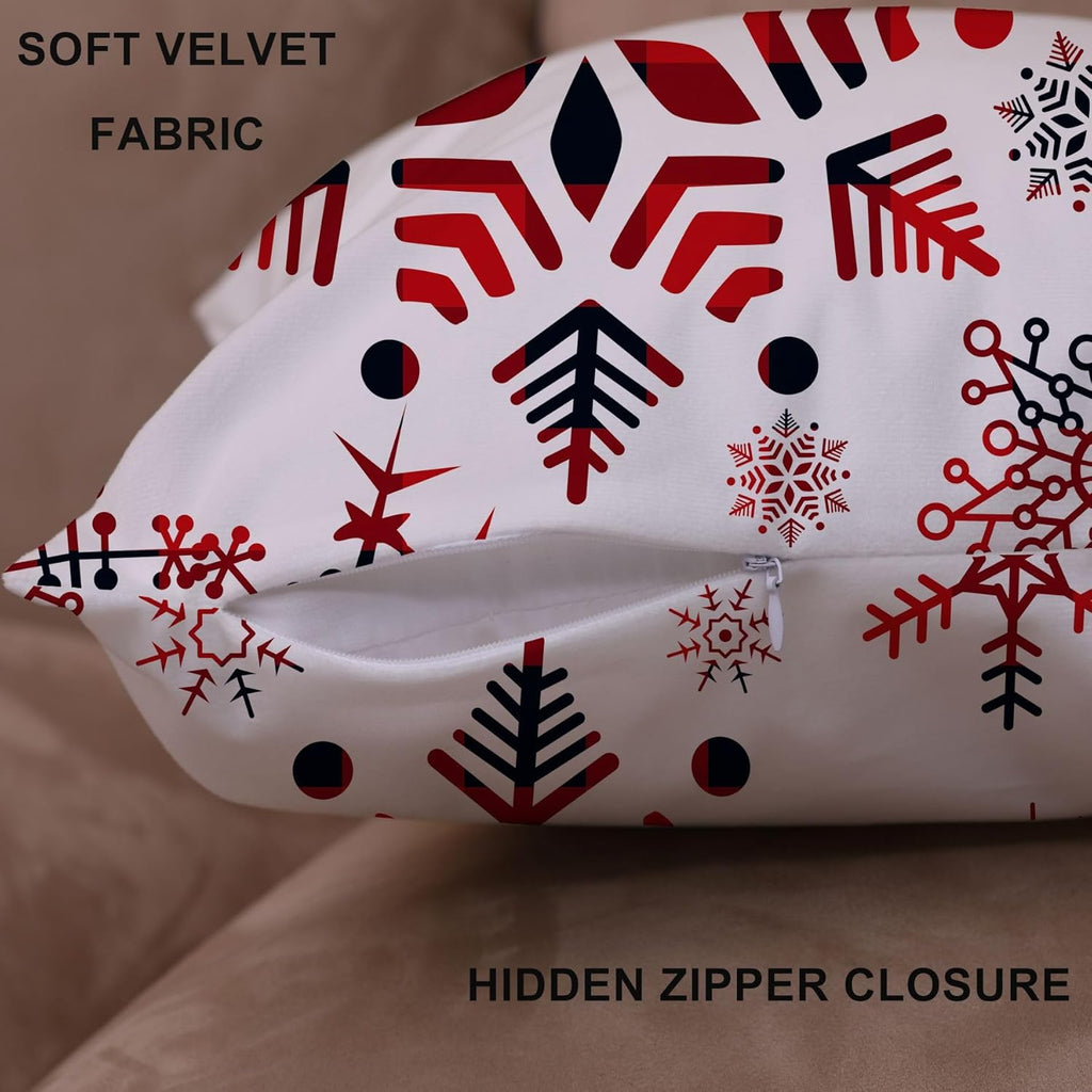 Set of 4 Happy Winter Snowflake Merry Christmas Tree Red Castle Deer with Snowman Velvet Throw Pillow Case Cushion Cover Decorative for Sofa Living Room Square 22X22 Inches