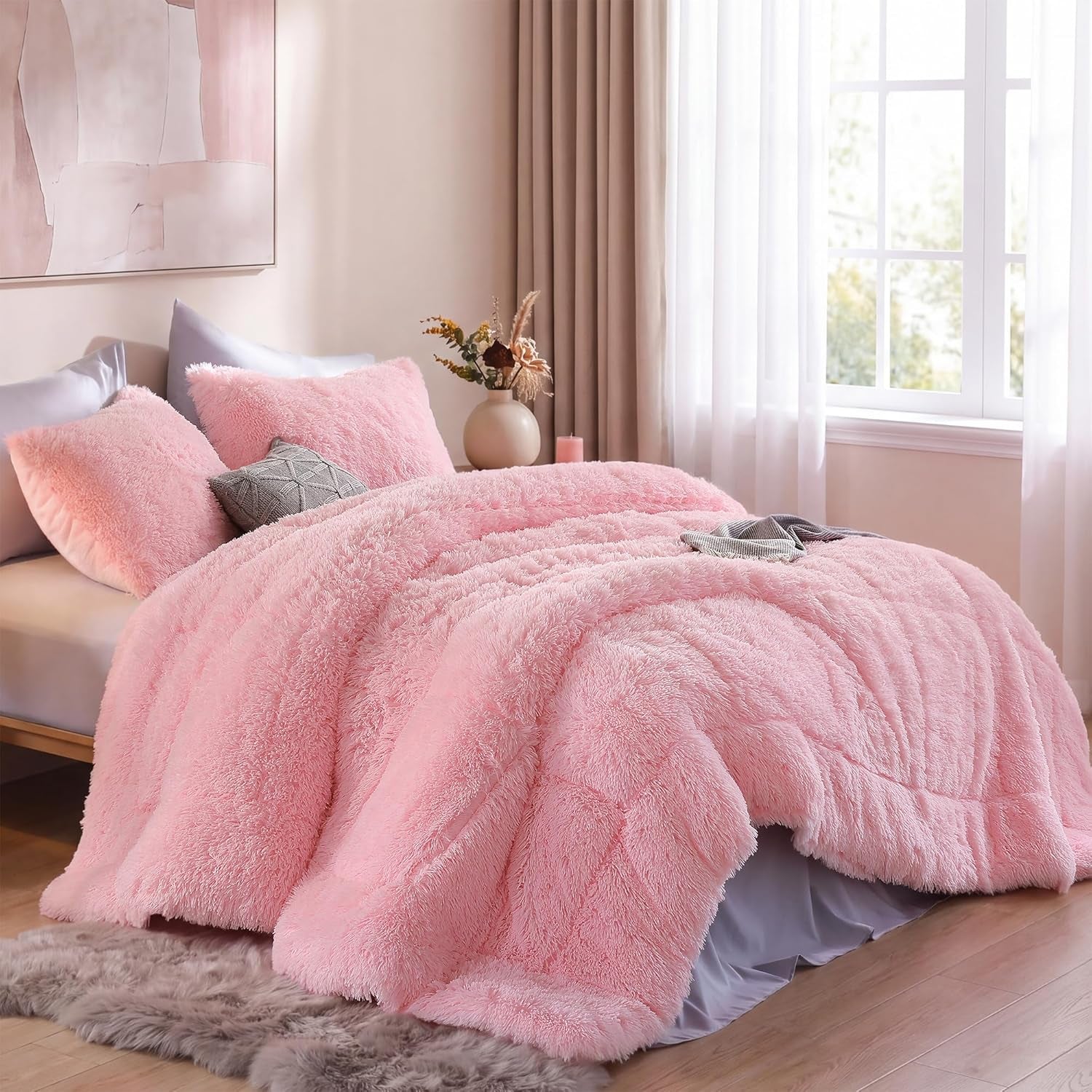 Fluffy Queen Comforter Set, Faux Fur Pink Comforter Set Queen Size, Luxury Fuzzy Bedding Set, Soft Shaggy Bed Set Pink for All Season, 3 Pieces - 1 Comforter & 2 Pillowcases
