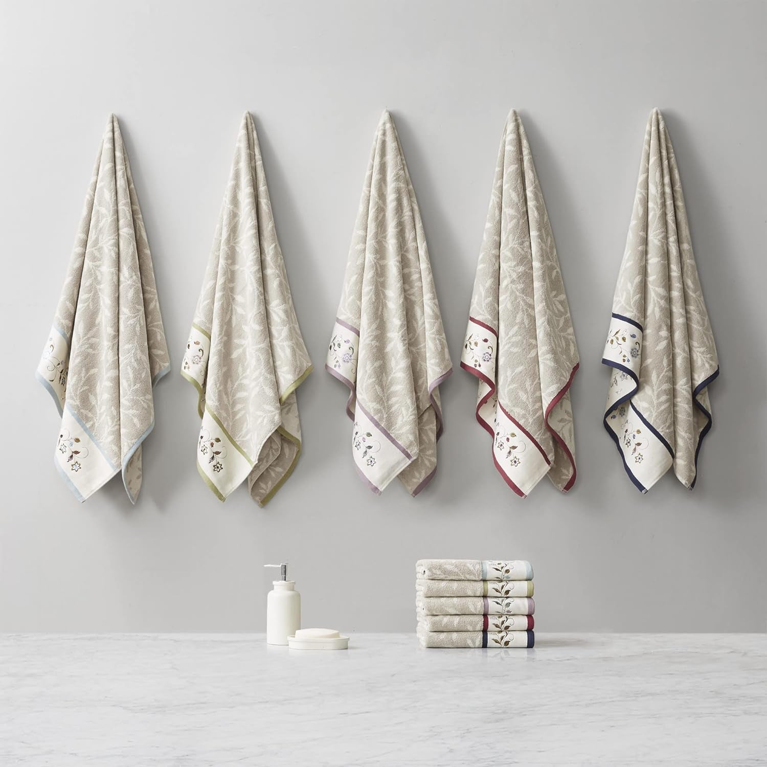 Serene 100% Cotton Bath Towel Set Luxurious Floral Decorative Towels for Bathroom Embroidered Cotton Jacquard Design Soft Highly Absorbent for Shower 600 GSM, Multi-Sizes, Blue 6 Piece