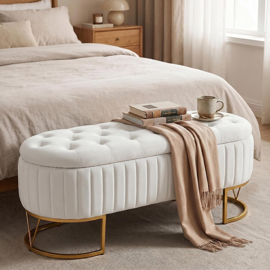 Velvet Oval Storage Bench with Gold Metal Legs