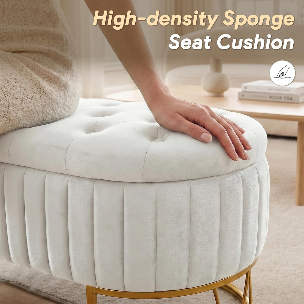 Velvet Oval Storage Bench with Gold Metal Legs