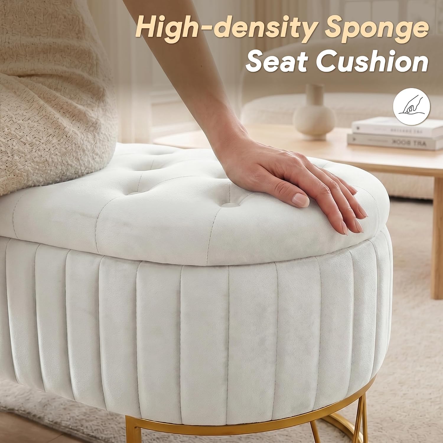 Velvet Oval Storage Bench with Gold Metal Legs