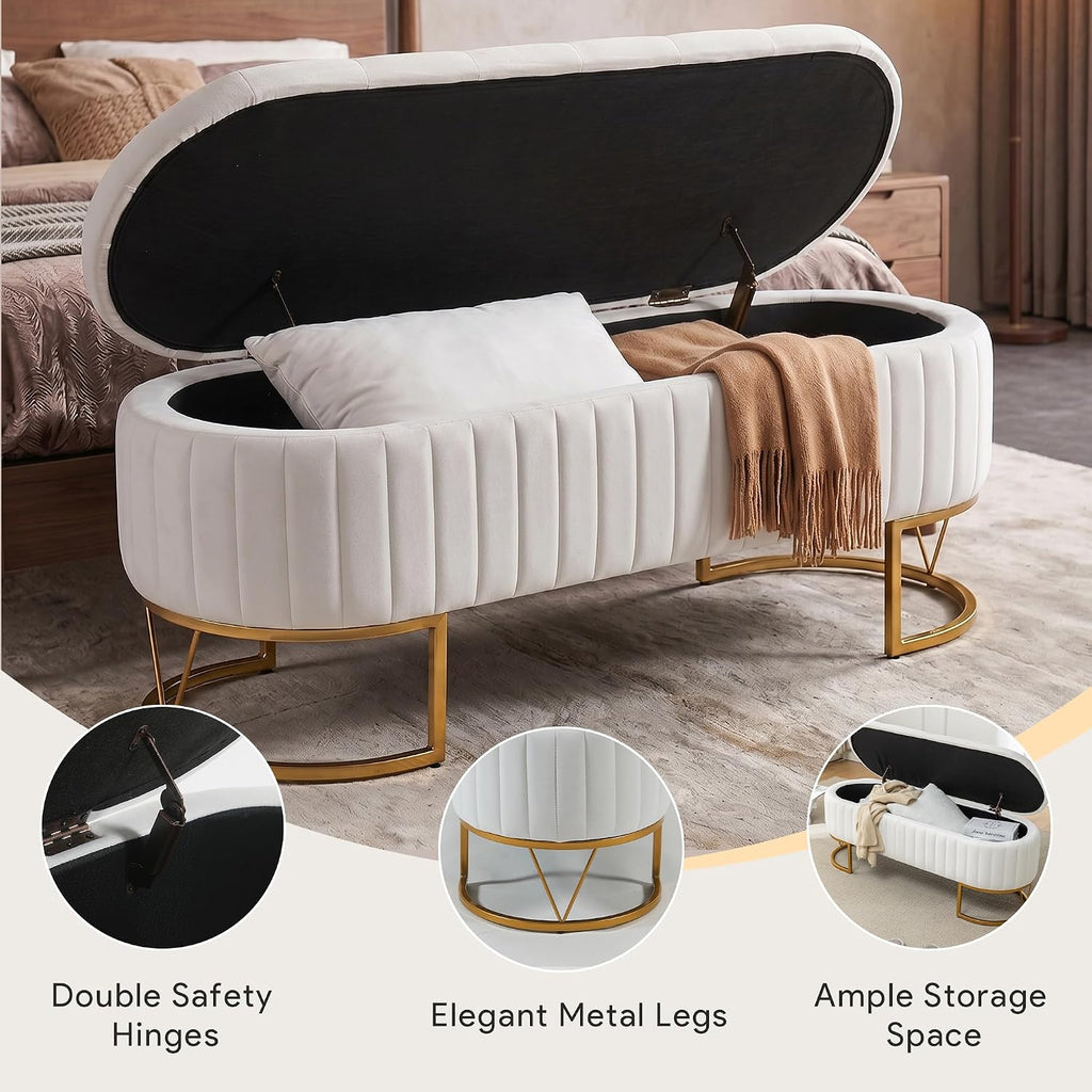 Velvet Oval Storage Bench with Gold Metal Legs