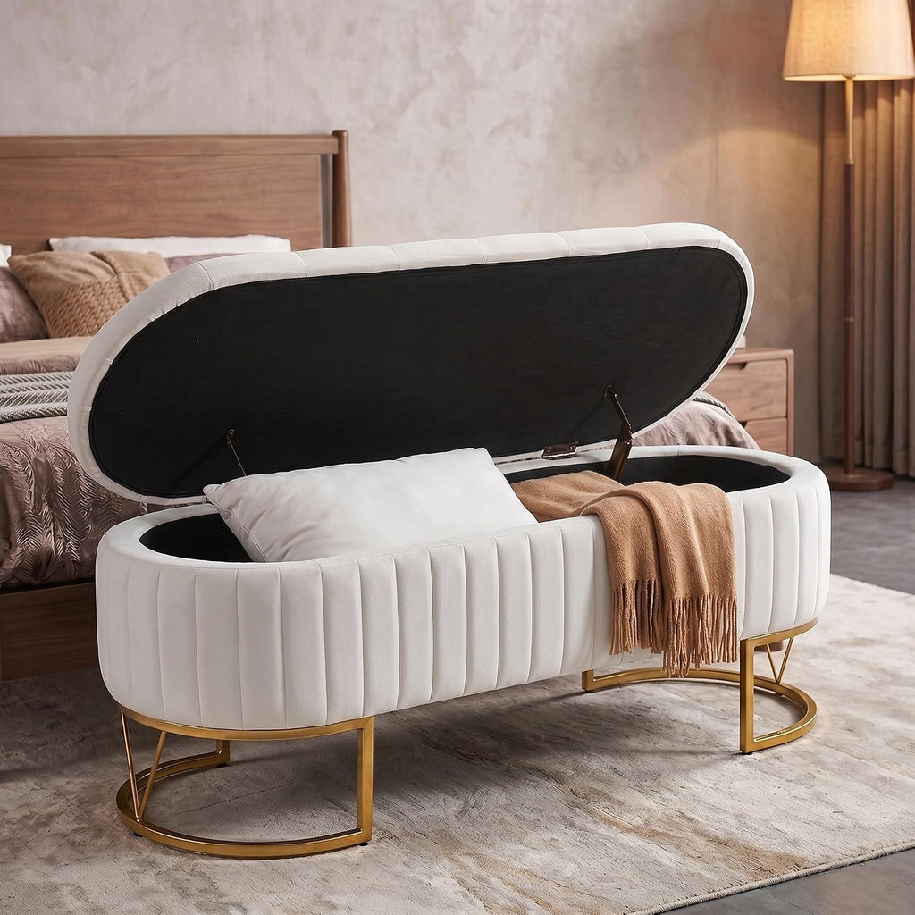 Velvet Oval Storage Bench with Gold Metal Legs