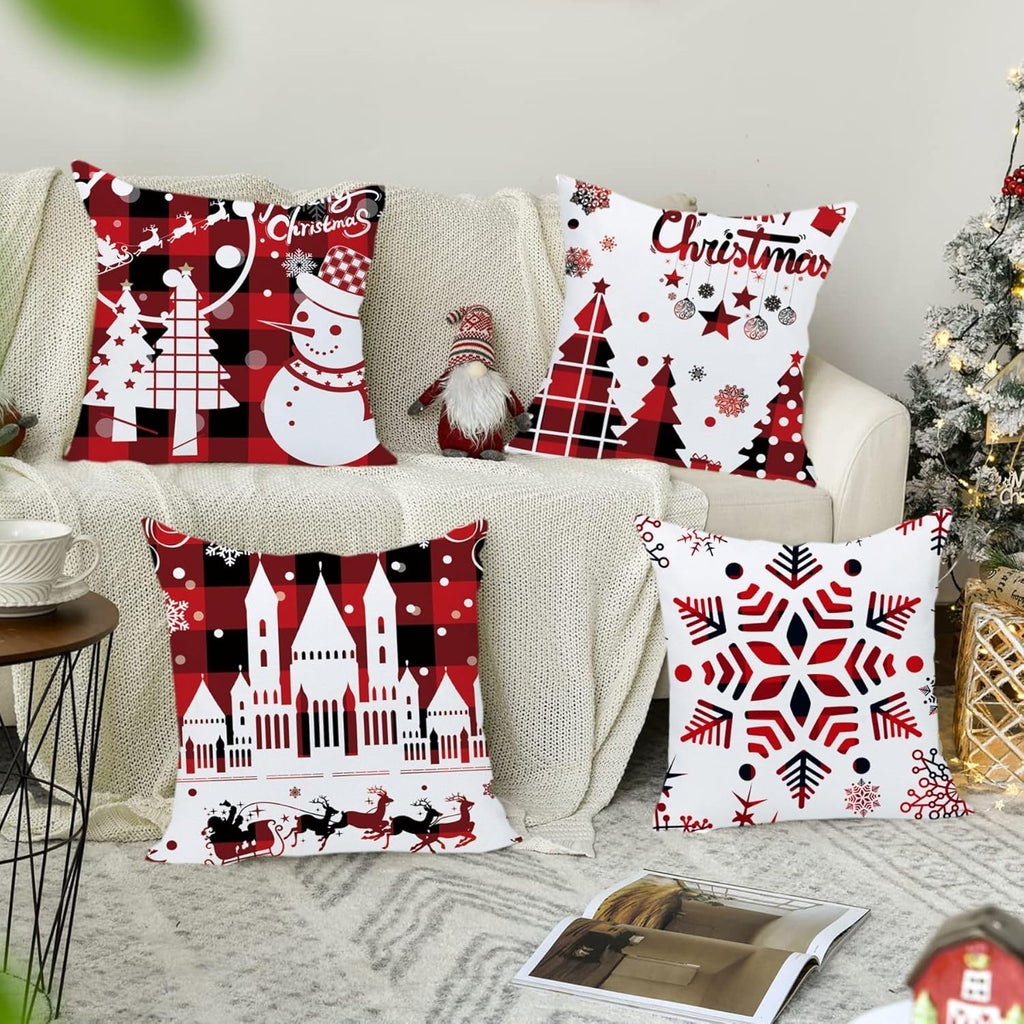 Set of 4 Happy Winter Snowflake Merry Christmas Tree Red Castle Deer with Snowman Velvet Throw Pillow Case Cushion Cover Decorative for Sofa Living Room Square 22X22 Inches
