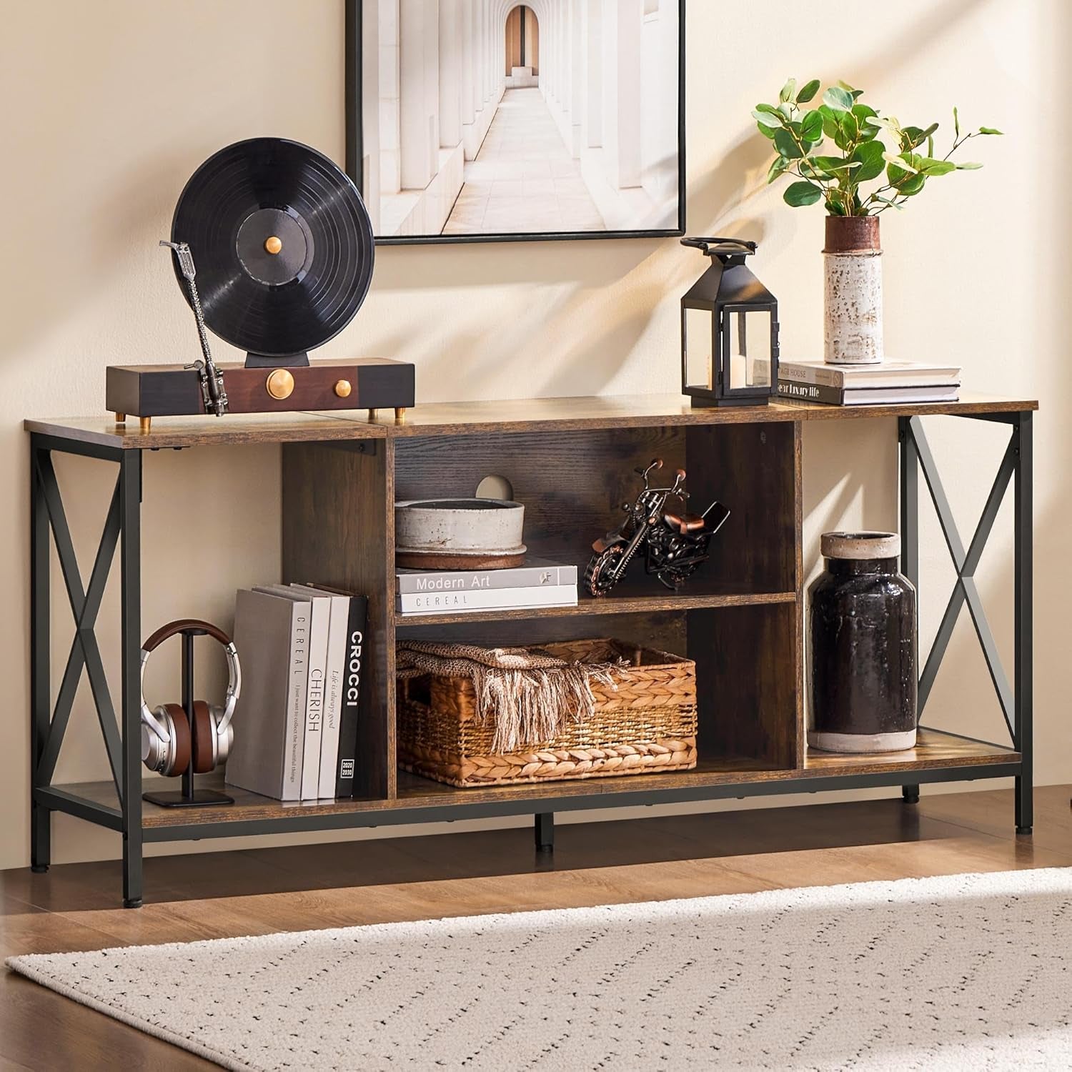 TV Stand for Tvs up to 65 Inches, Console Table with Shelves, Farmhouse Media Entertainment Center for Living Room, Rustic Brown