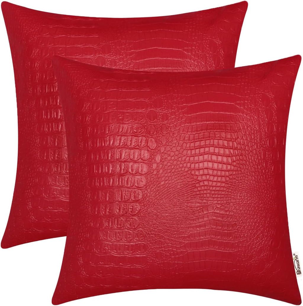 Faux Leather Pillow Covers 16 X 16 Inches, Christmas Red Leather Pillow Covers Pack of 2, Crocodile Leather Decorative Throw Pillows for Living Room Couch Bed Sofa Home