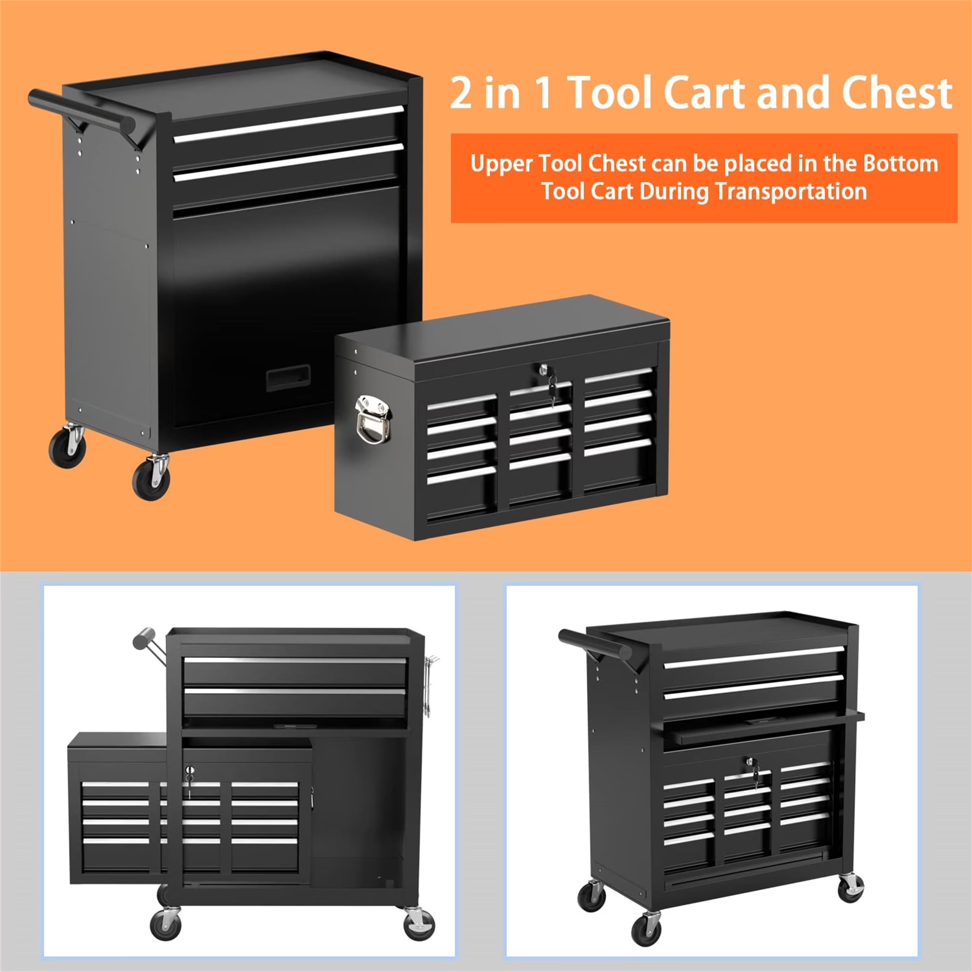 Tool Box, 2 in 1 Steel Rolling Tool Chest & Cabinet on Wheels for Garage, 8-Drawer, Black