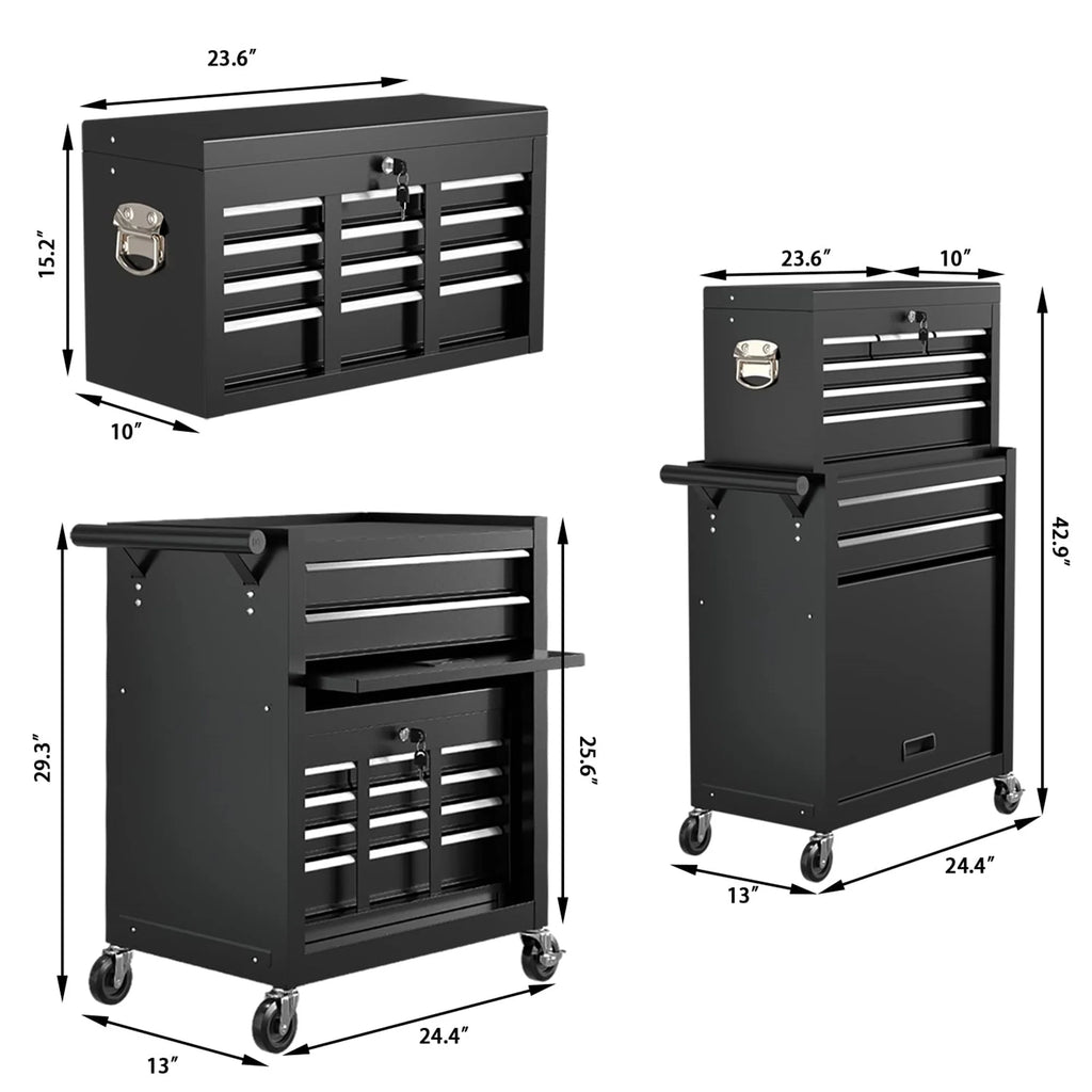 Tool Box, 2 in 1 Steel Rolling Tool Chest & Cabinet on Wheels for Garage, 8-Drawer, Black