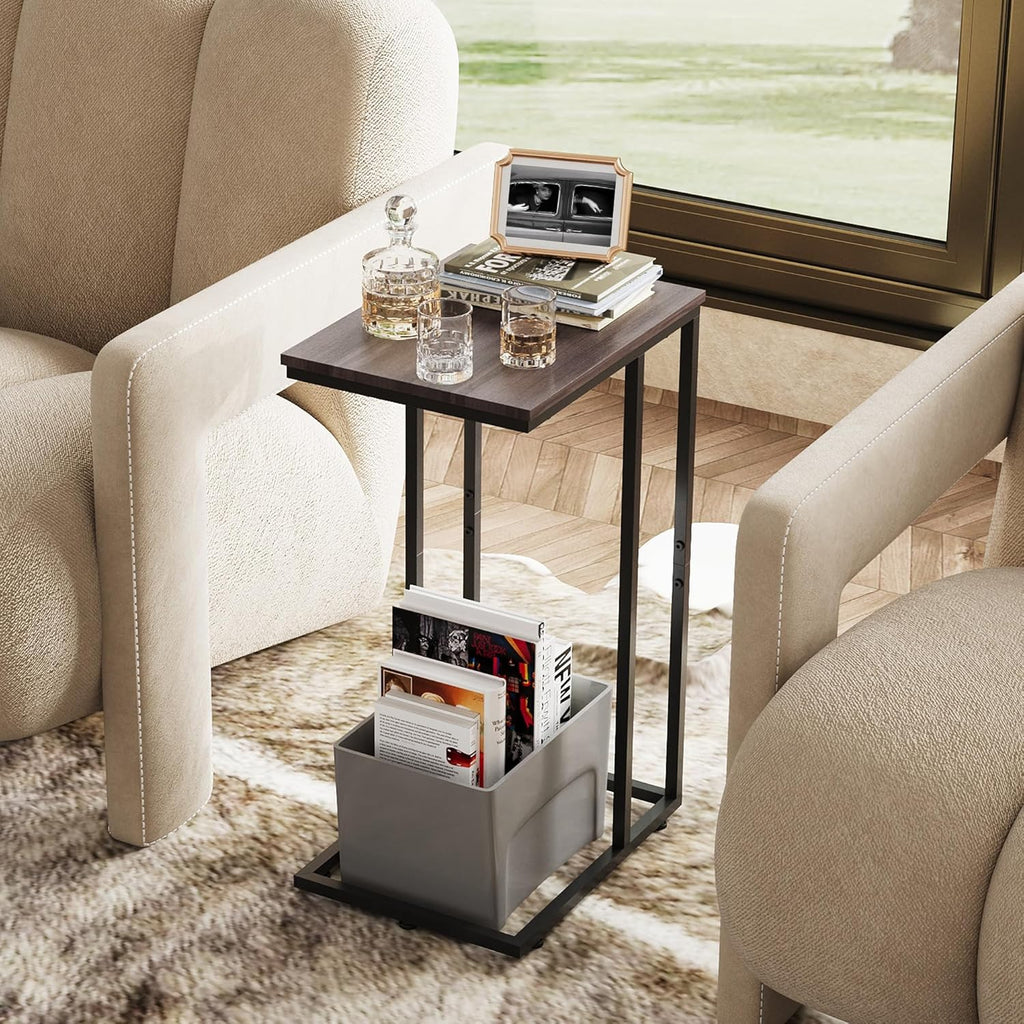 Small Side Table, C Shaped End Table for Couch, Sofa and Bed, Tv Tray Table That Slides under for Living Room, Bedroom, Bedside, Gray and Black
