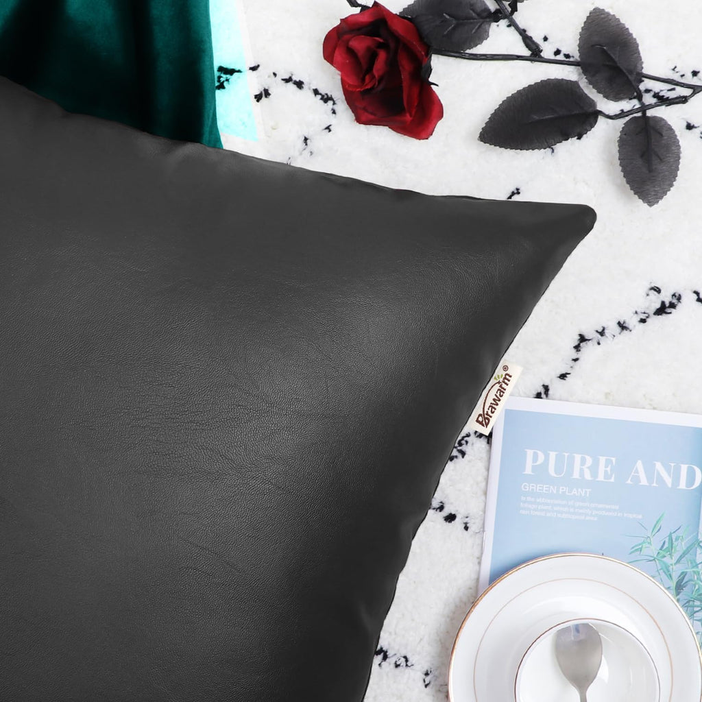 Faux Leather Throw Pillow Covers 22 X 22 Inches - Charcoal Gray Leather Pilow Covers Pack of 2, Solid Dyed Leather Pillowcases for Couch Bed Sofa Garden Home Decorative