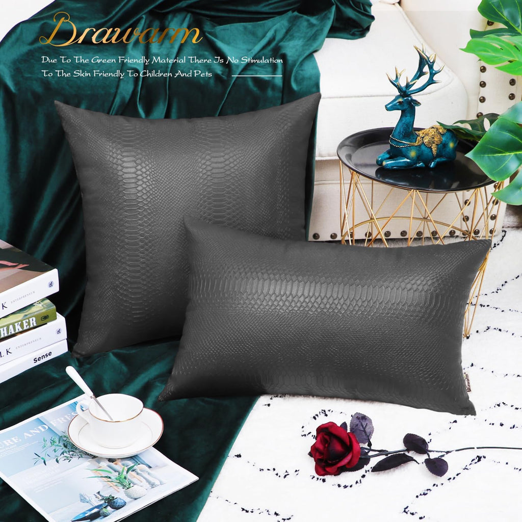 Charcoal Gray Leather Throw Pillows 18 X 18 Inches - Snake Leather Pillow Covers Pack of 2, Faux Leather Decorative Pillow Covers for Couch Living Room Garden Bed Sofa Home