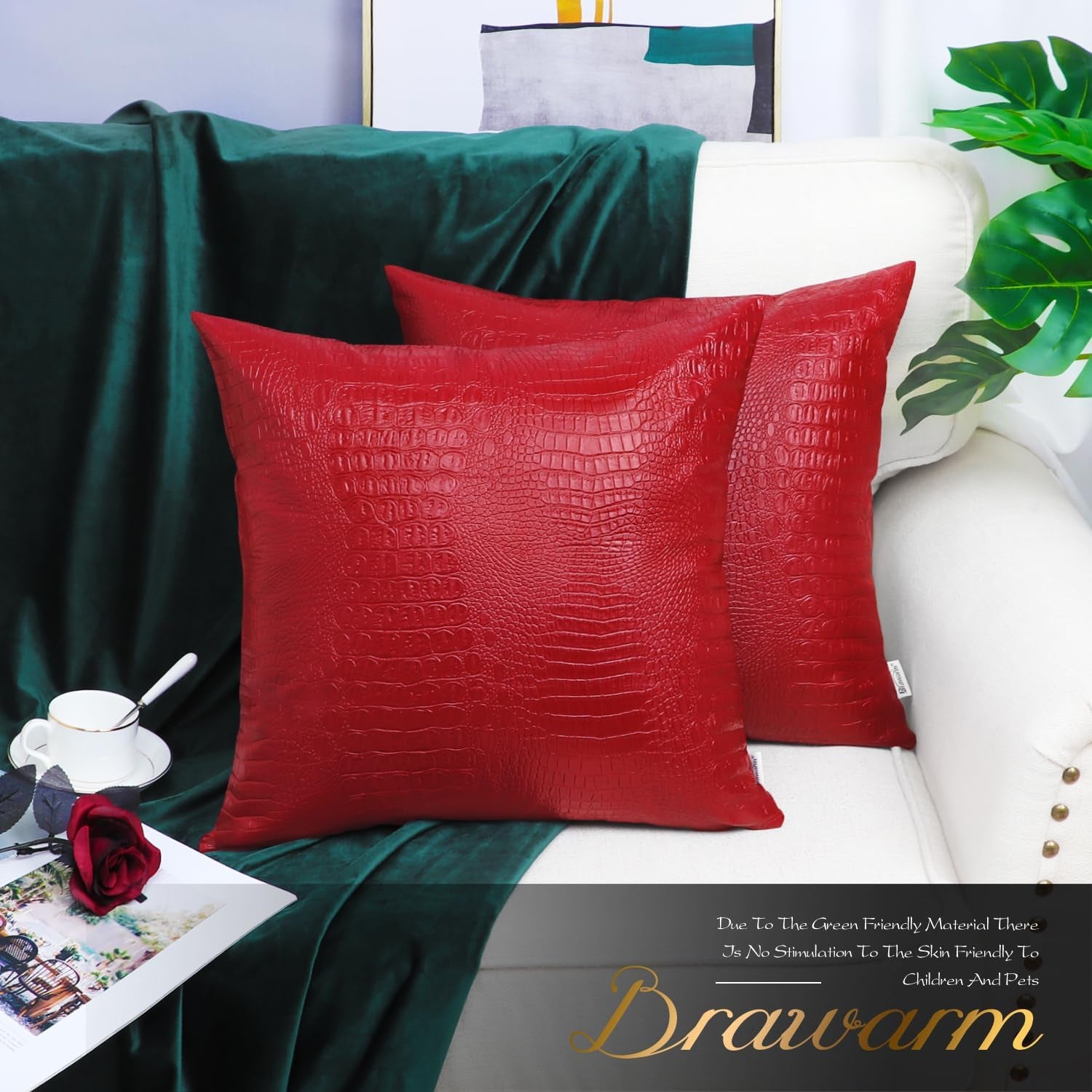 Faux Leather Pillow Covers 16 X 16 Inches, Christmas Red Leather Pillow Covers Pack of 2, Crocodile Leather Decorative Throw Pillows for Living Room Couch Bed Sofa Home
