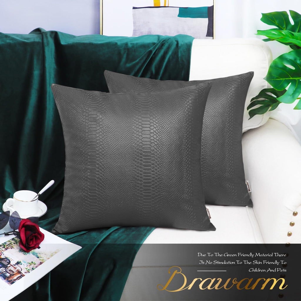 Charcoal Gray Leather Throw Pillows 18 X 18 Inches - Snake Leather Pillow Covers Pack of 2, Faux Leather Decorative Pillow Covers for Couch Living Room Garden Bed Sofa Home