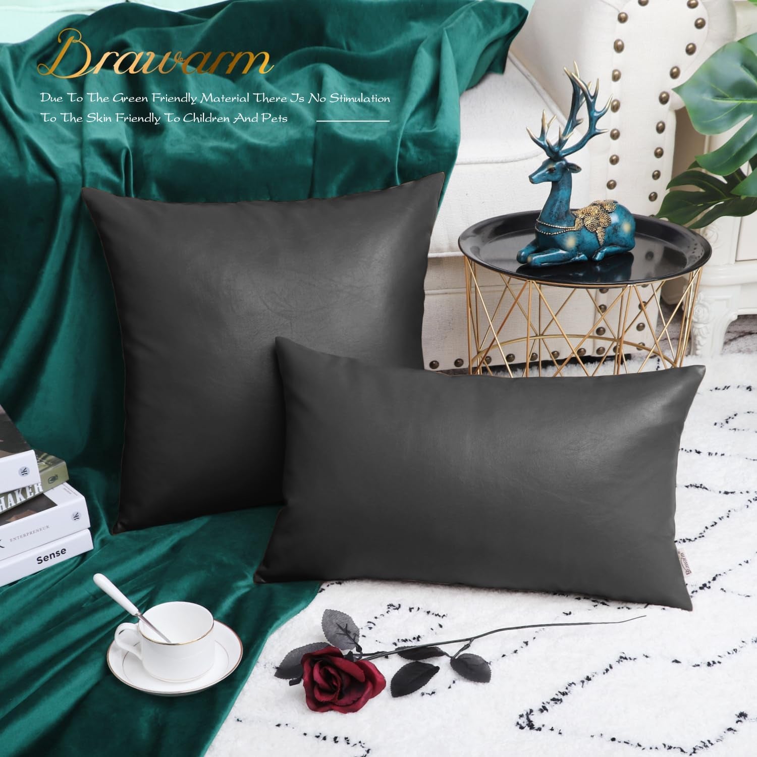 Faux Leather Throw Pillow Covers 22 X 22 Inches - Charcoal Gray Leather Pilow Covers Pack of 2, Solid Dyed Leather Pillowcases for Couch Bed Sofa Garden Home Decorative