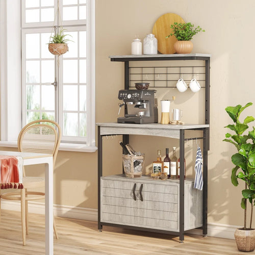 3-Tier Baker'S Rack with Cabinet, Kitchen Storage Shelves, Microwave Oven Stand, Coffee Bar with Hooks in Grey