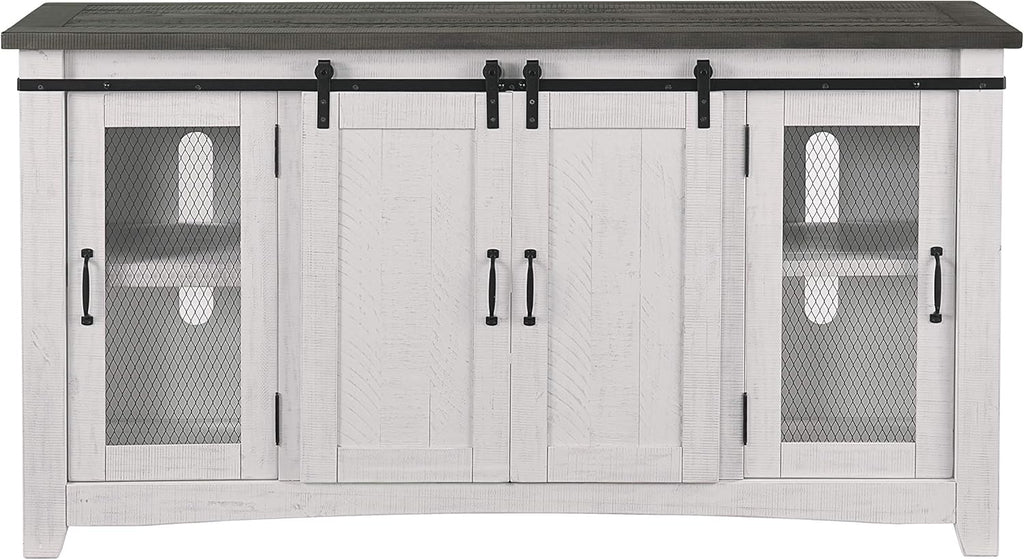 Martin Svensson Home 65" Solid Pine Wood Entertainment Center with Storage. Rustic TV Stand for Tvs up to 70." Sliding Doors, Adjustable Shelves & Cable Management – White and Grey Finish