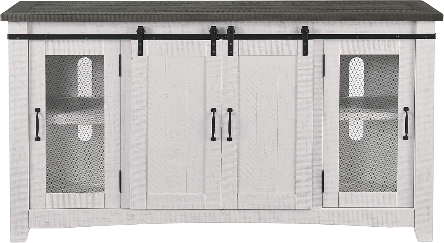Martin Svensson Home 65" Solid Pine Wood Entertainment Center with Storage. Rustic TV Stand for Tvs up to 70." Sliding Doors, Adjustable Shelves & Cable Management – White and Grey Finish