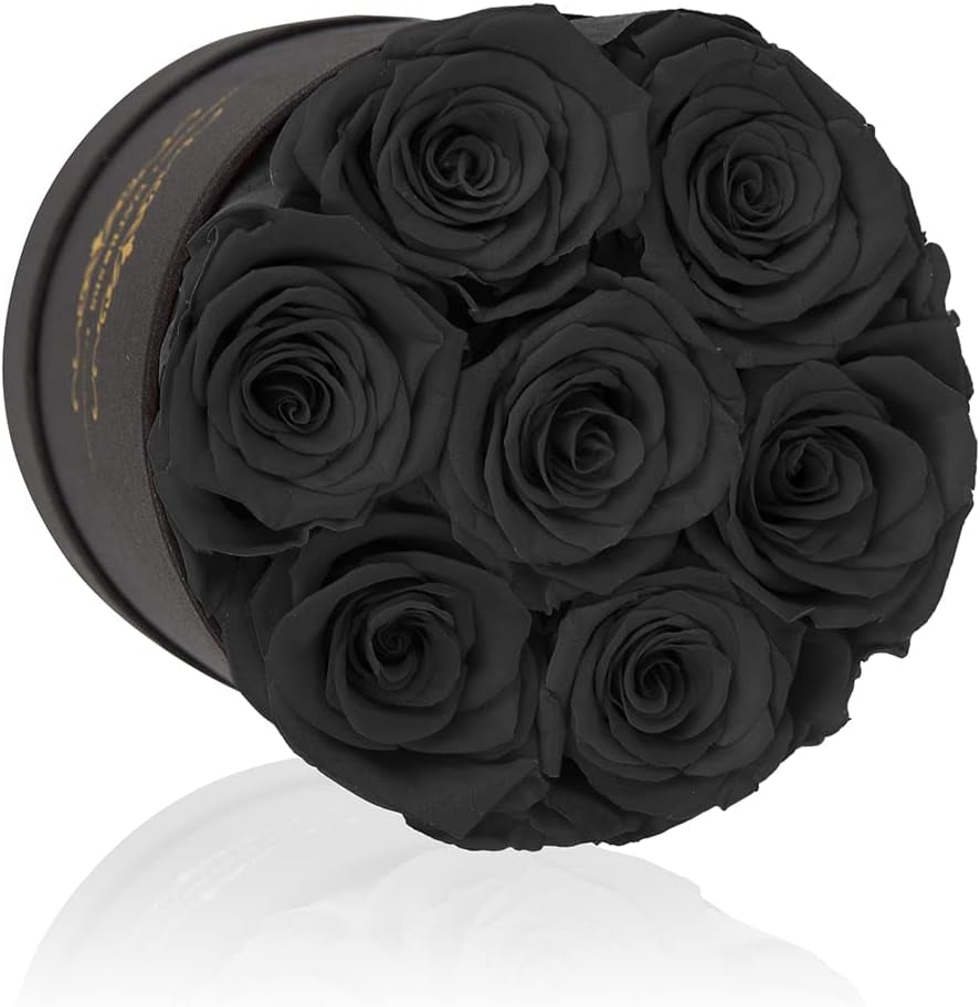 7 Piece Preserved Roses in a Box, Preserved Flowers for Birthday, Flower Gifts for Mothers Day (Black)