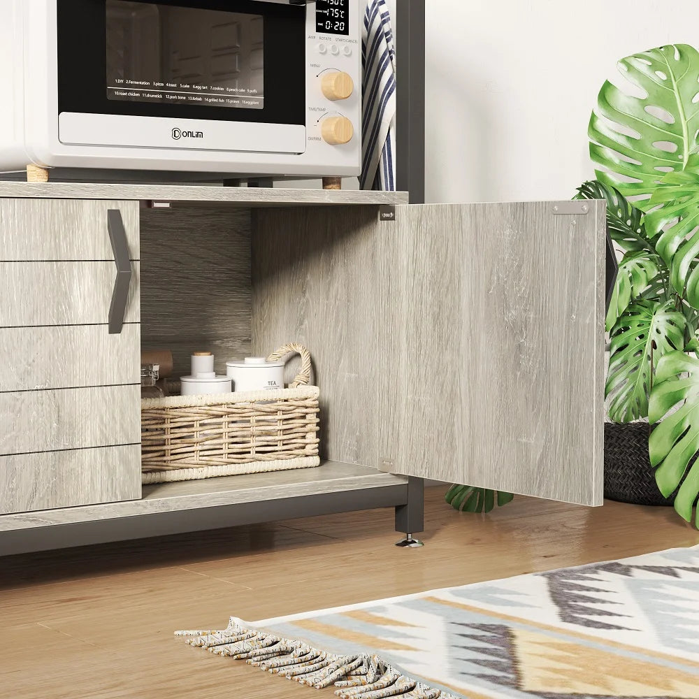 3-Tier Baker'S Rack with Cabinet, Kitchen Storage Shelves, Microwave Oven Stand, Coffee Bar with Hooks in Grey