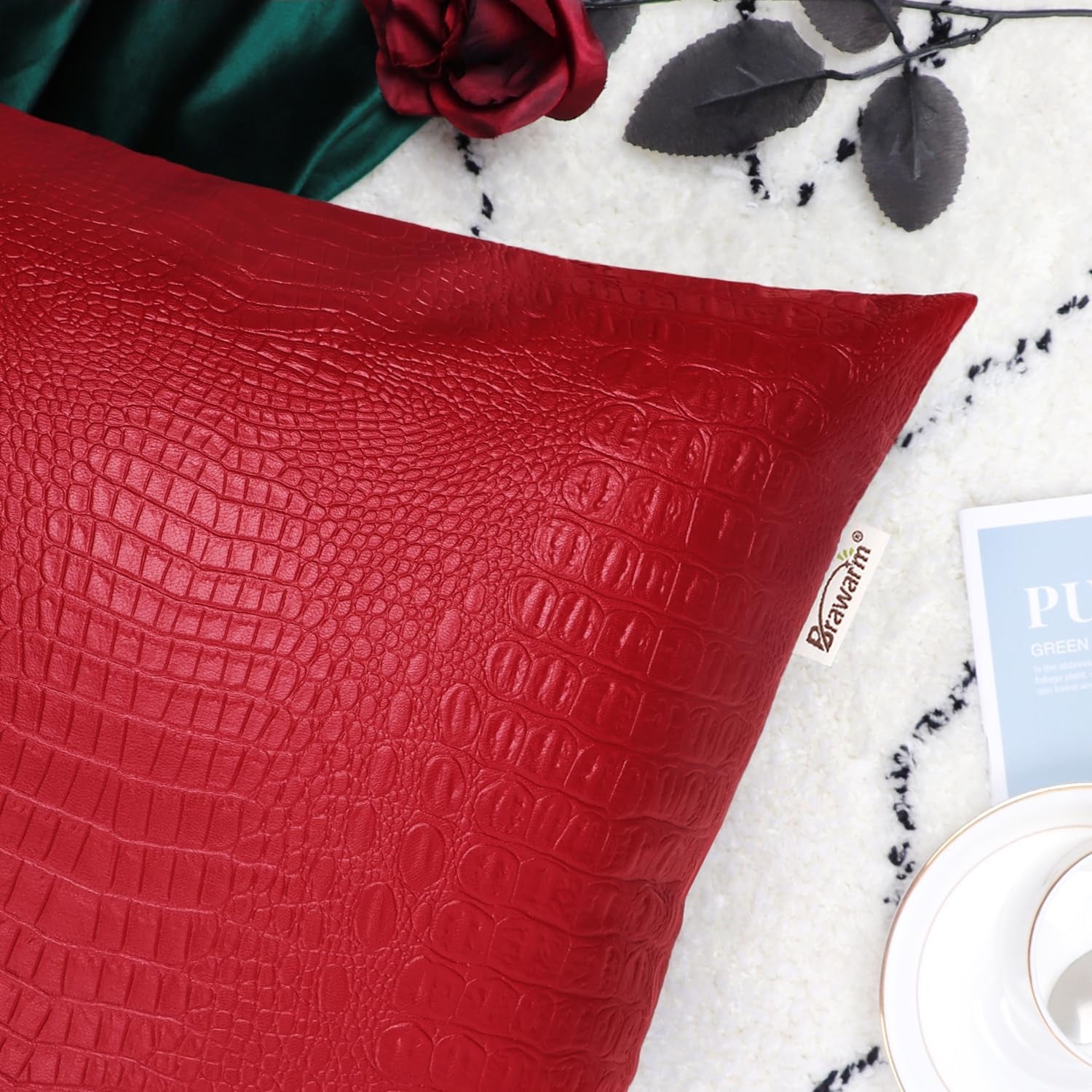 Faux Leather Pillow Covers 12 X 20 Inches, Christmas Red Leather Pillow Covers Pack of 2, Crocodile Leather Decorative Lumbar Throw Pillows for Living Room Couch Bed Sofa Home