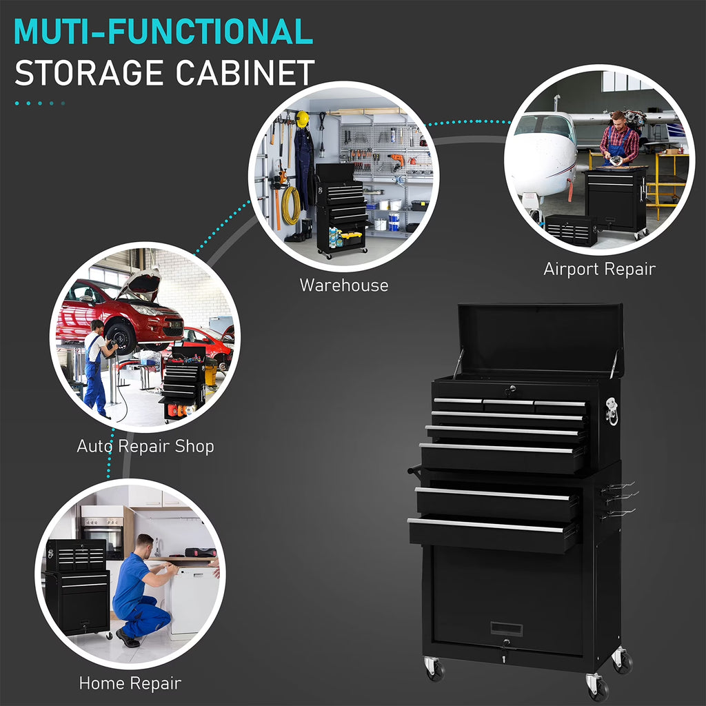 Tool Box, 2 in 1 Steel Rolling Tool Chest & Cabinet on Wheels for Garage, 8-Drawer, Black