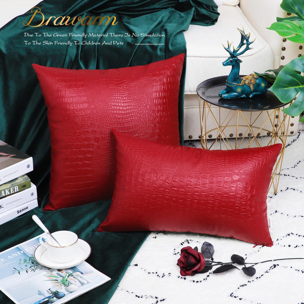 Faux Leather Pillow Covers 12 X 20 Inches, Christmas Red Leather Pillow Covers Pack of 2, Crocodile Leather Decorative Lumbar Throw Pillows for Living Room Couch Bed Sofa Home