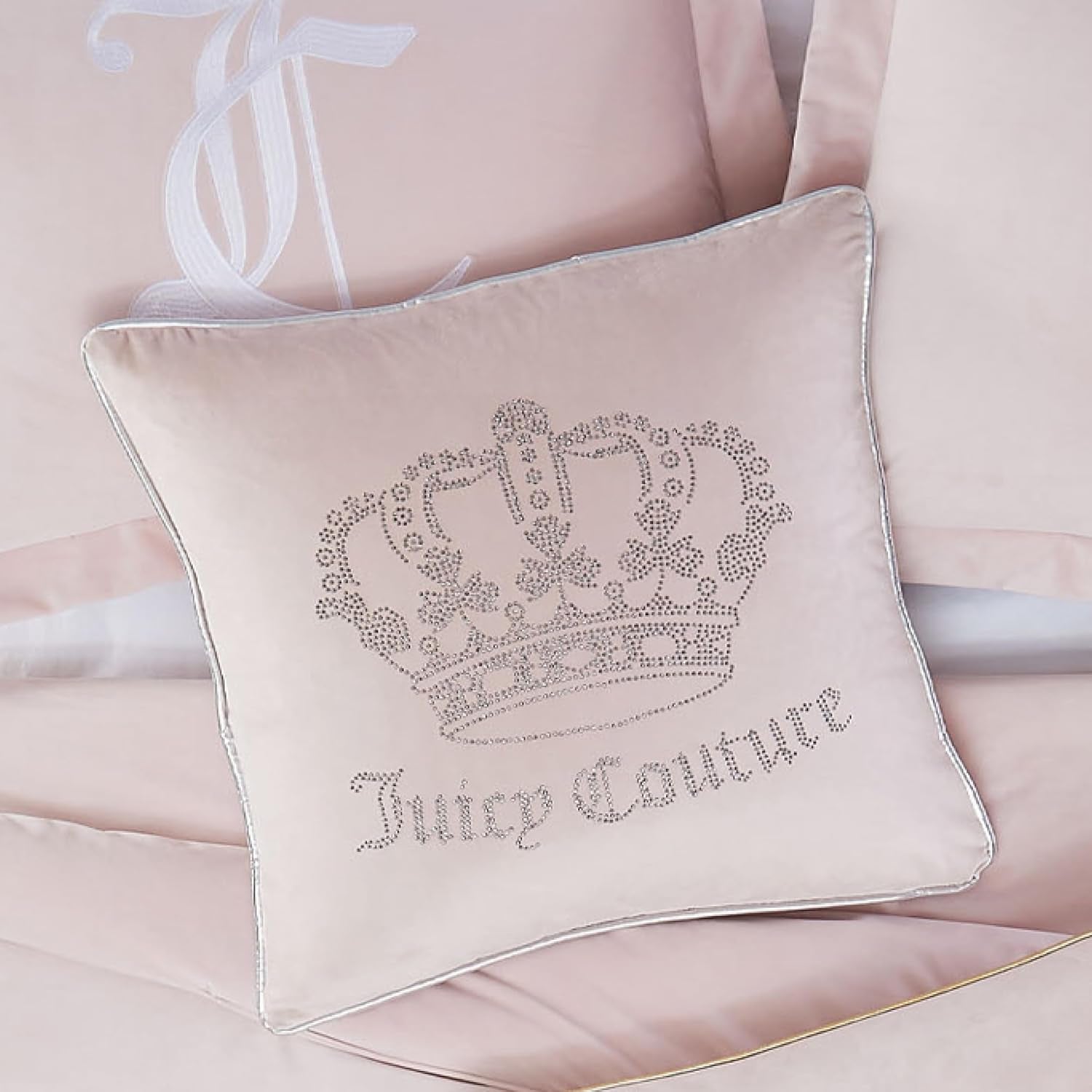 Juicy Couture - Decorative Accent Pillow, Velvet Rhinestone Crown, Premium Reversible Throw Pillow, Living Room and Bedroom Décor, Measures 20" X 20", Pink Blush