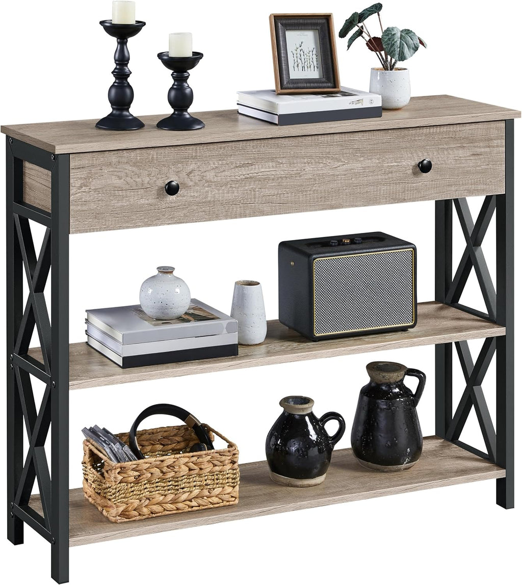 Console Table with Drawer, Entryway Table with 3 Tier Storage Shelves, Narrow Long Sofa Table for Entryway, Living Room, Hallway, Couch, Kitchen, Metal Frame, Gray